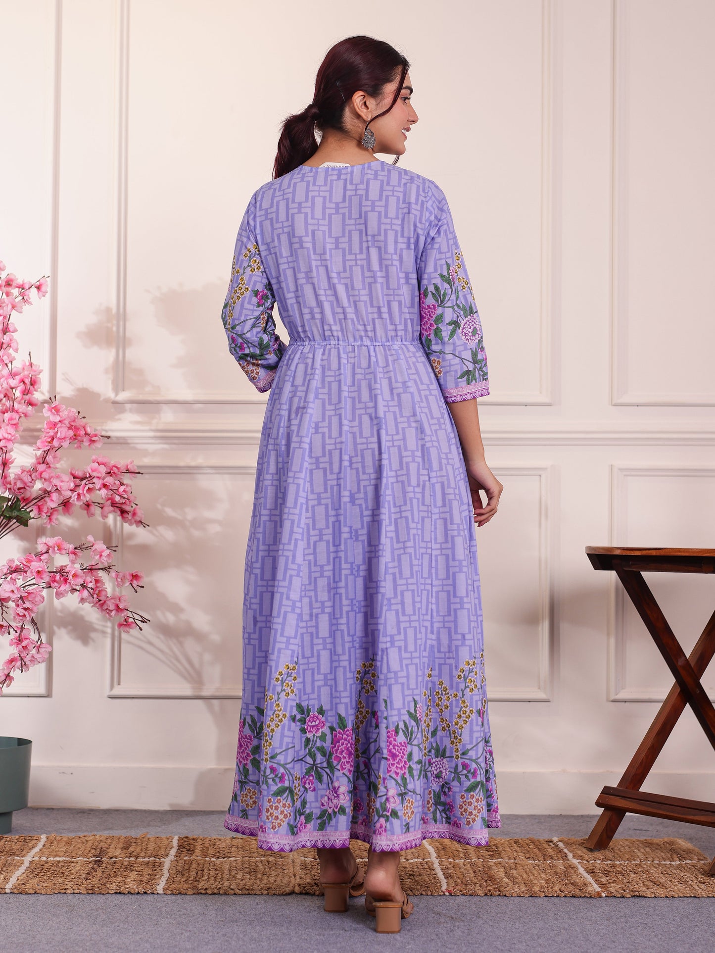 Embroidered Soft Cotton Placement Print Anarkali Lavender Dress