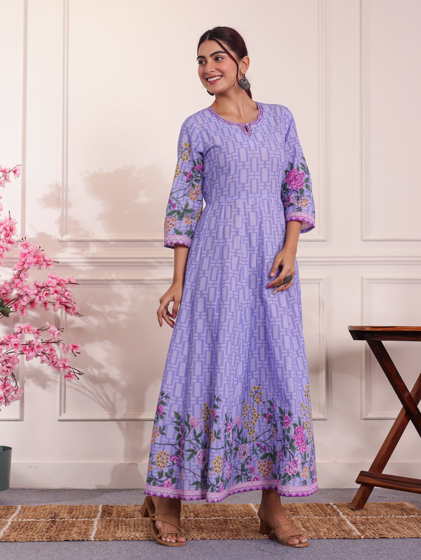 Embroidered Soft Cotton Placement Print Anarkali Lavender Dress