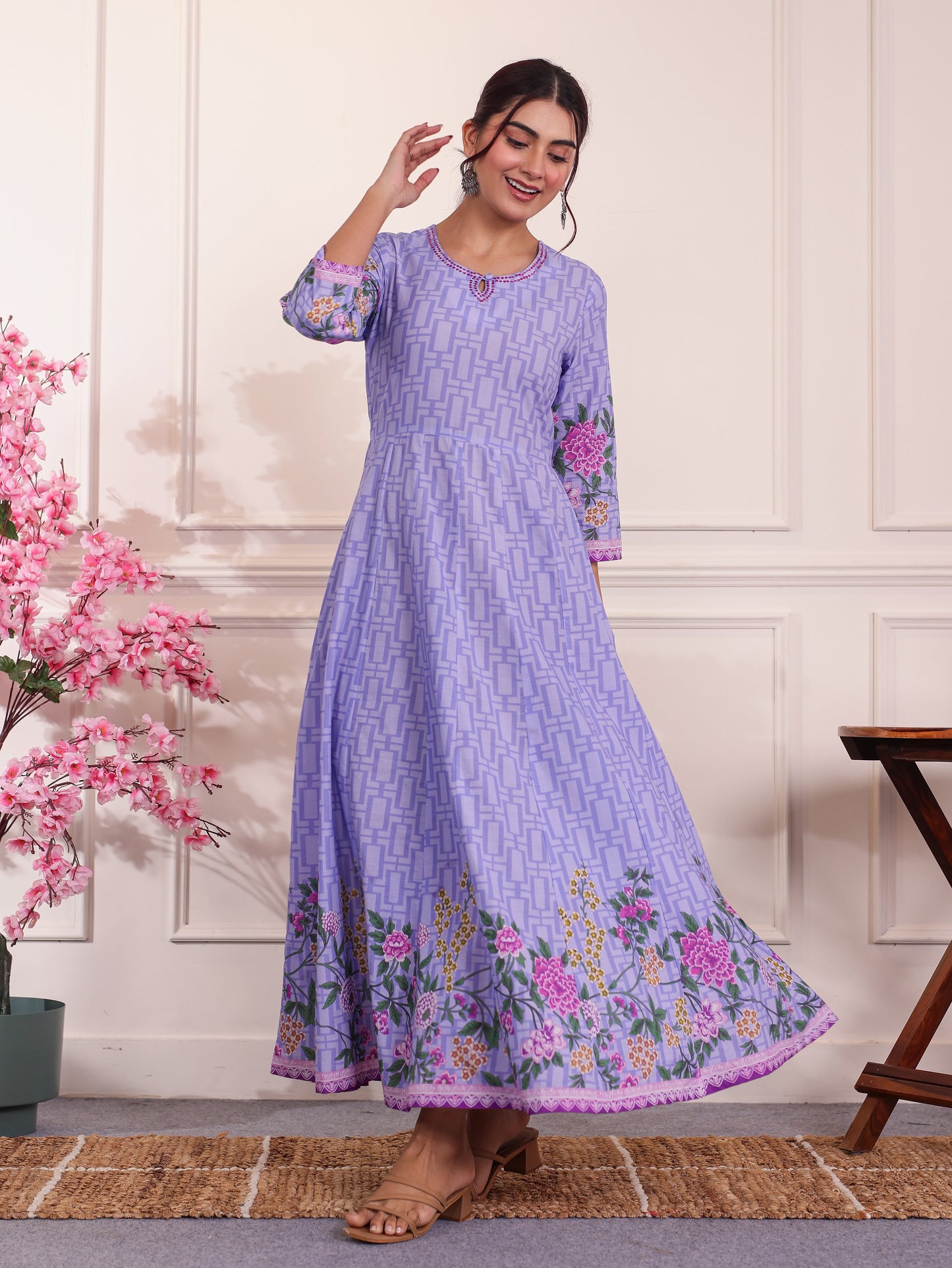 Embroidered Soft Cotton Placement Print Anarkali Lavender Dress
