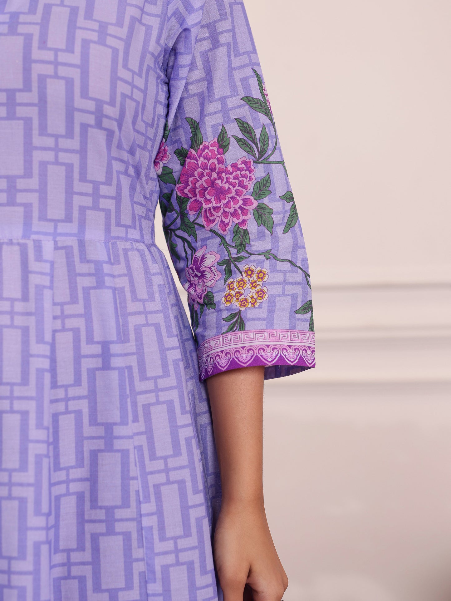 Embroidered Soft Cotton Placement Print Anarkali Lavender Dress