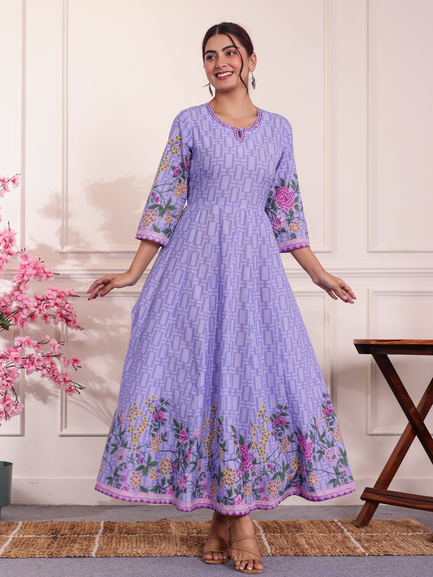 Embroidered Soft Cotton Placement Print Anarkali Lavender Dress