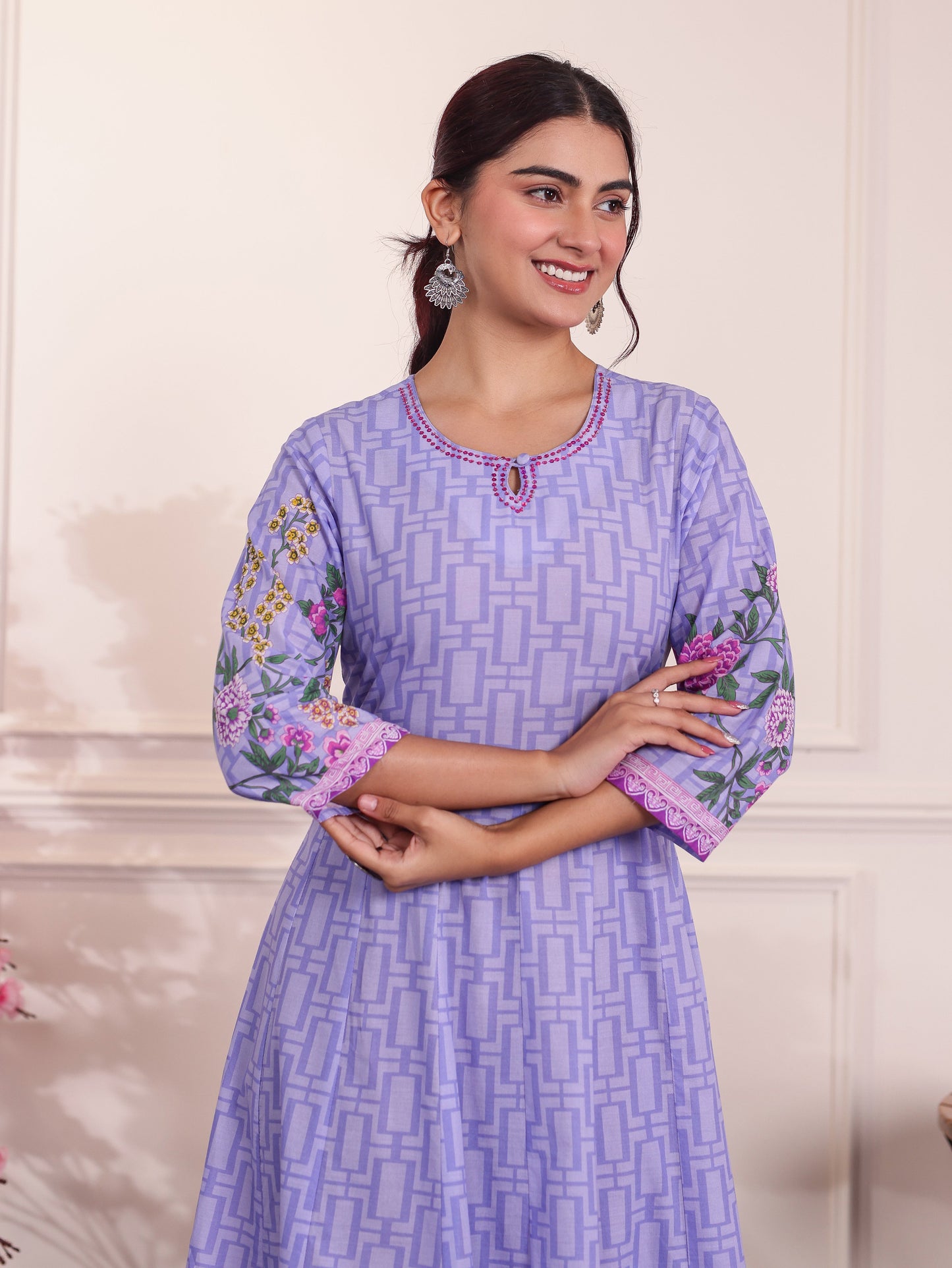 Embroidered Soft Cotton Placement Print Anarkali Lavender Dress