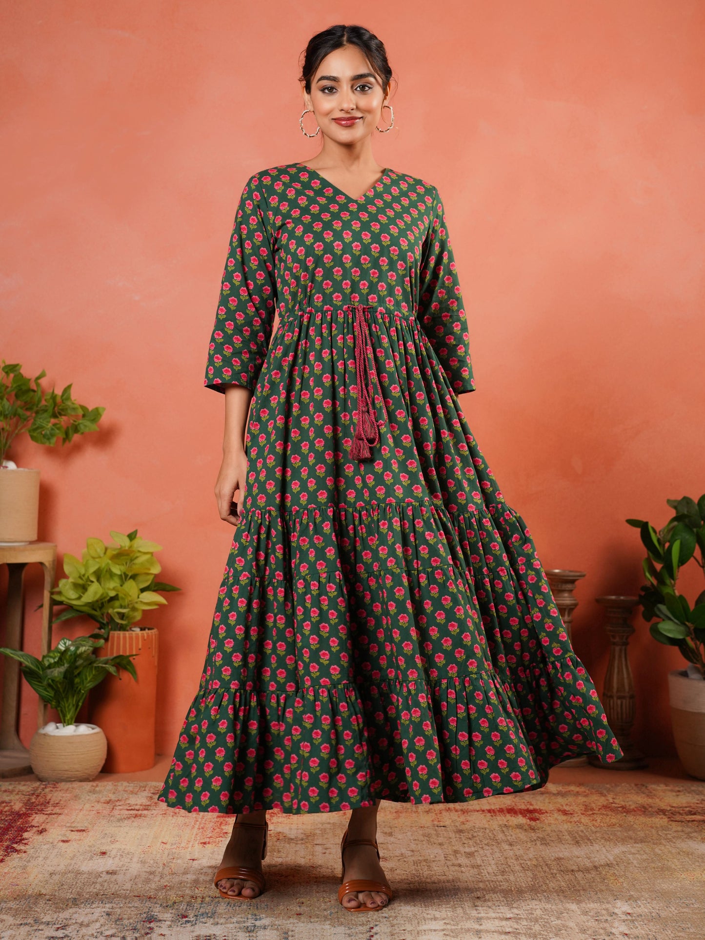 Soft Cotton Floral Anarkali Green Dress