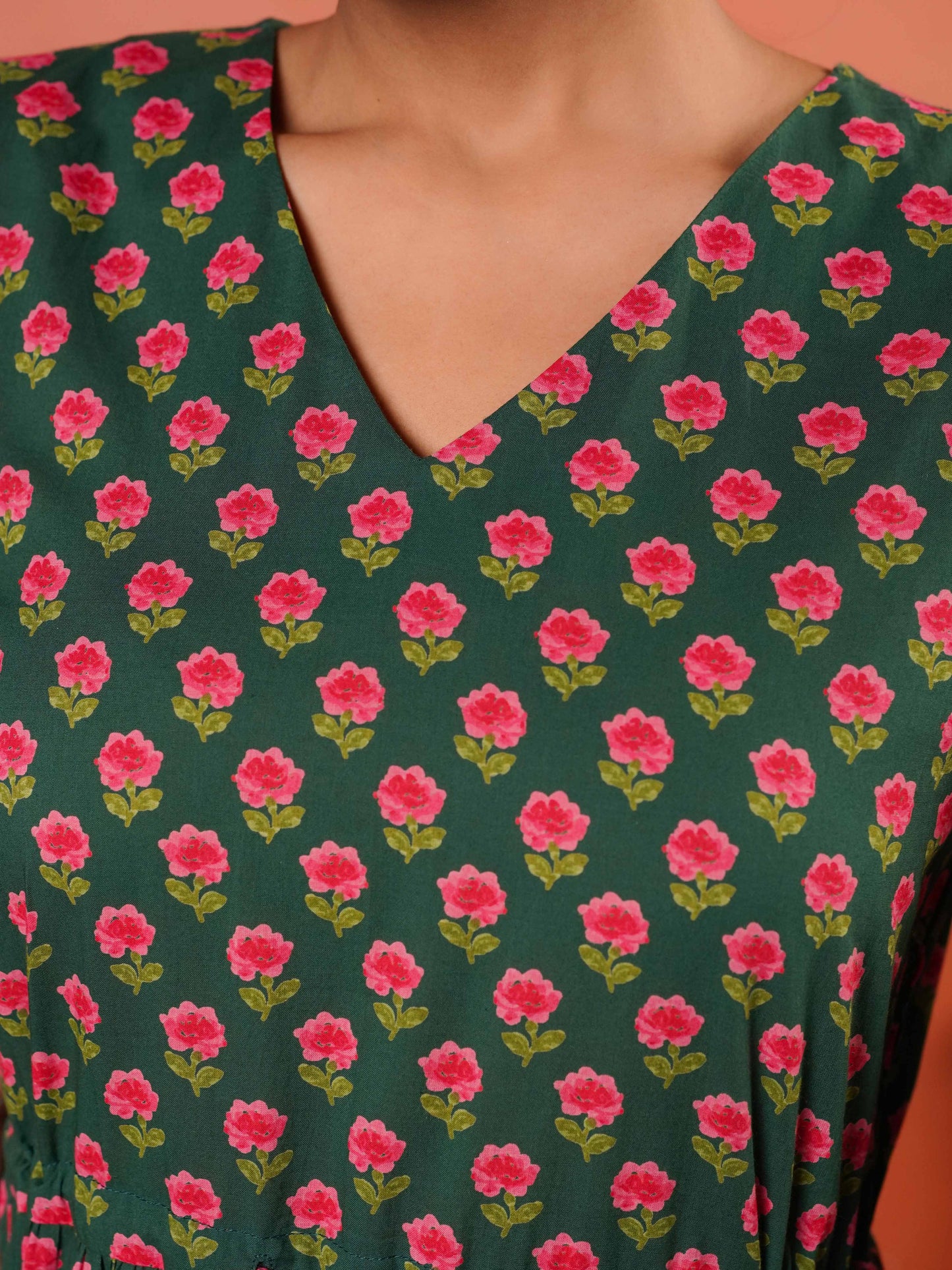 Soft Cotton Floral Anarkali Green Dress