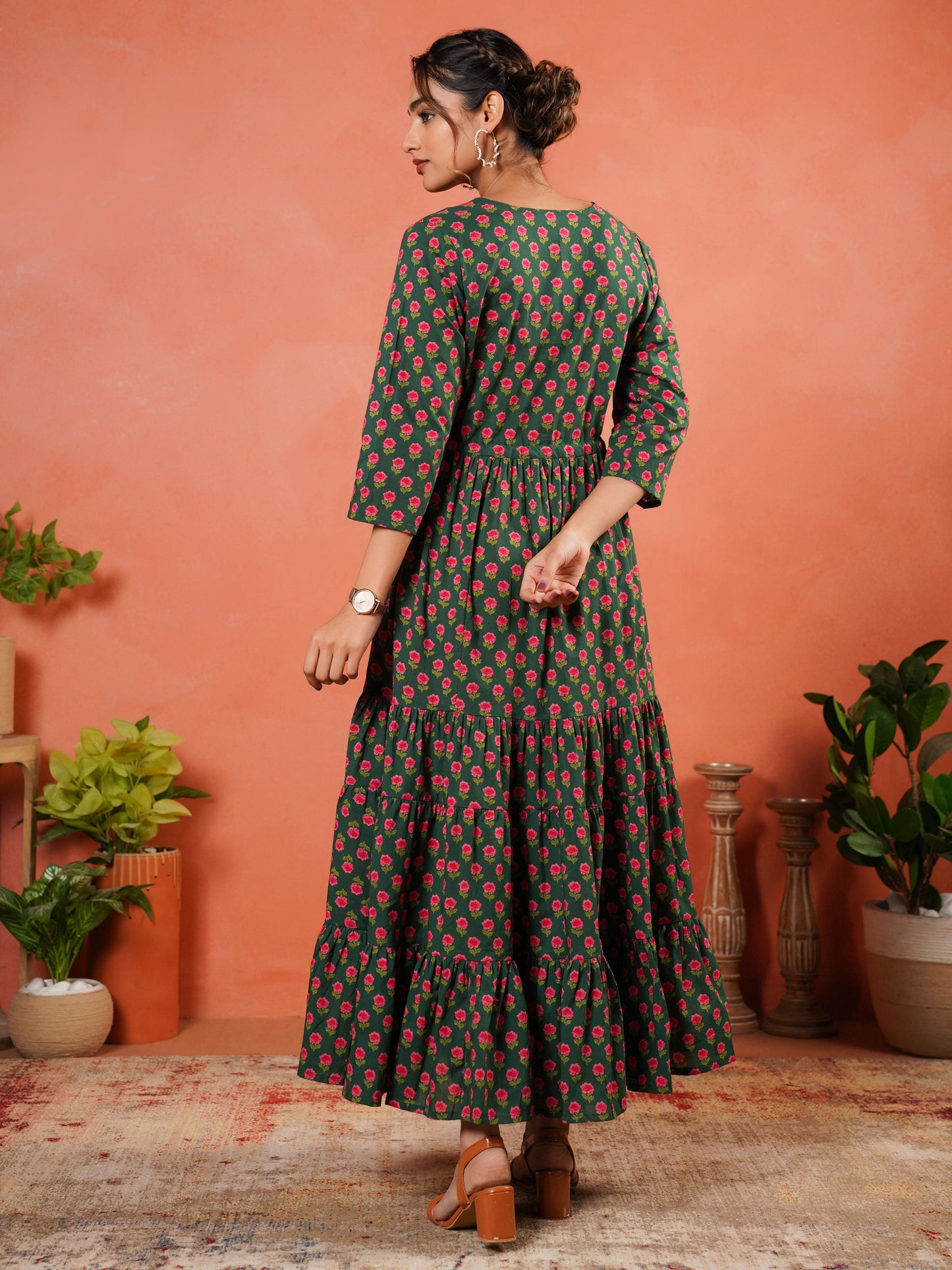 Soft Cotton Floral Anarkali Green Dress