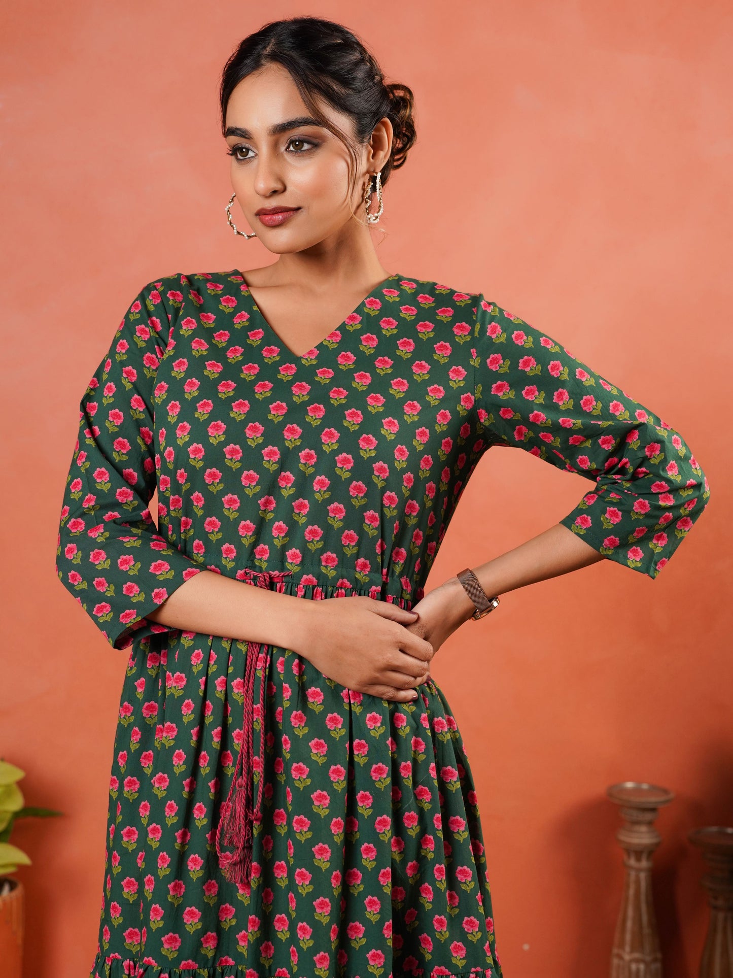Soft Cotton Floral Anarkali Green Dress