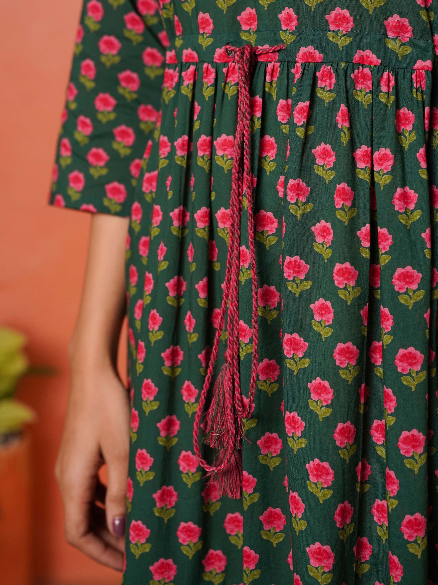 Soft Cotton Floral Anarkali Green Dress