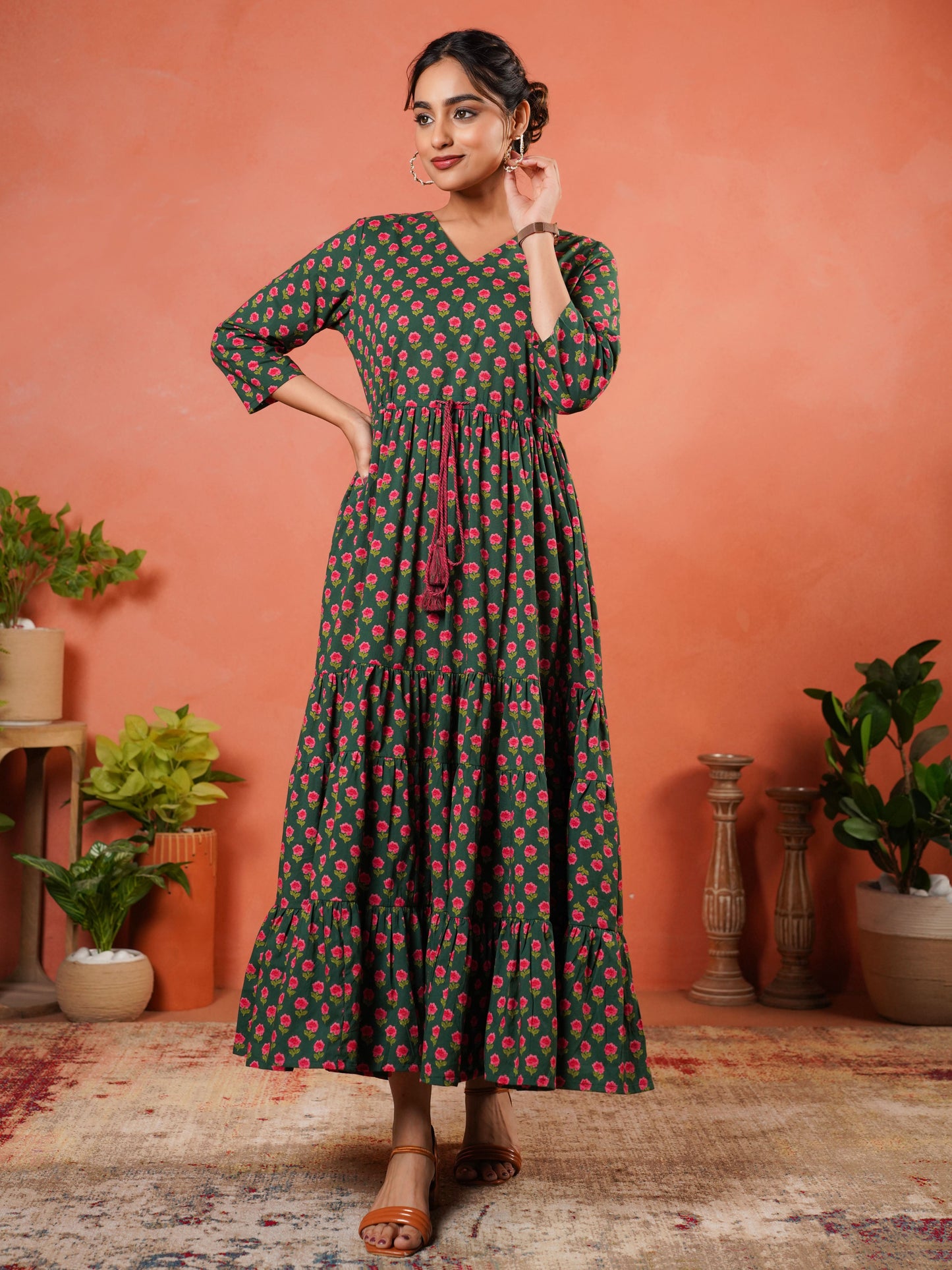 Soft Cotton Floral Anarkali Green Dress