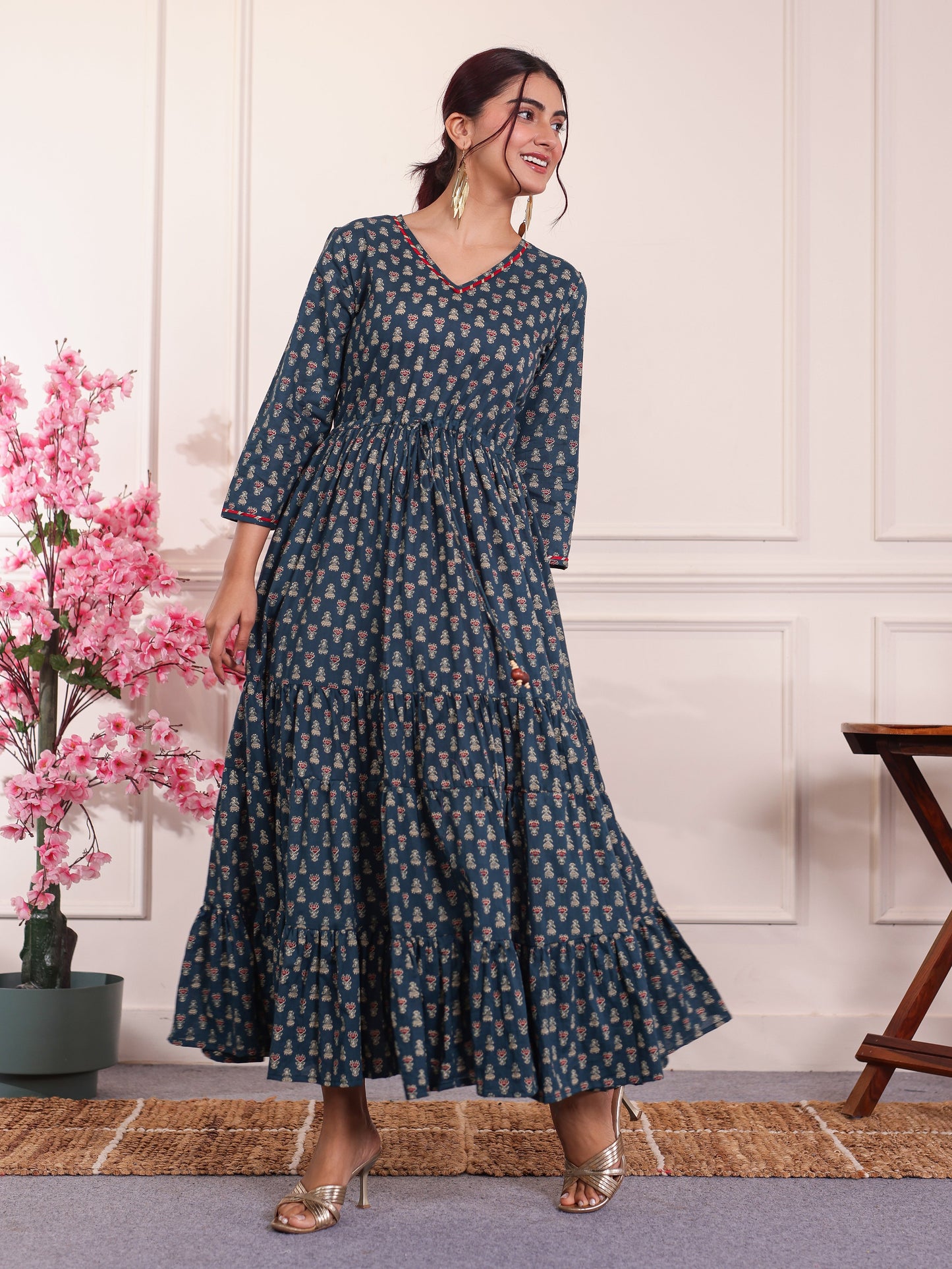 Soft Cotton Floral Anarkali Teal Dress