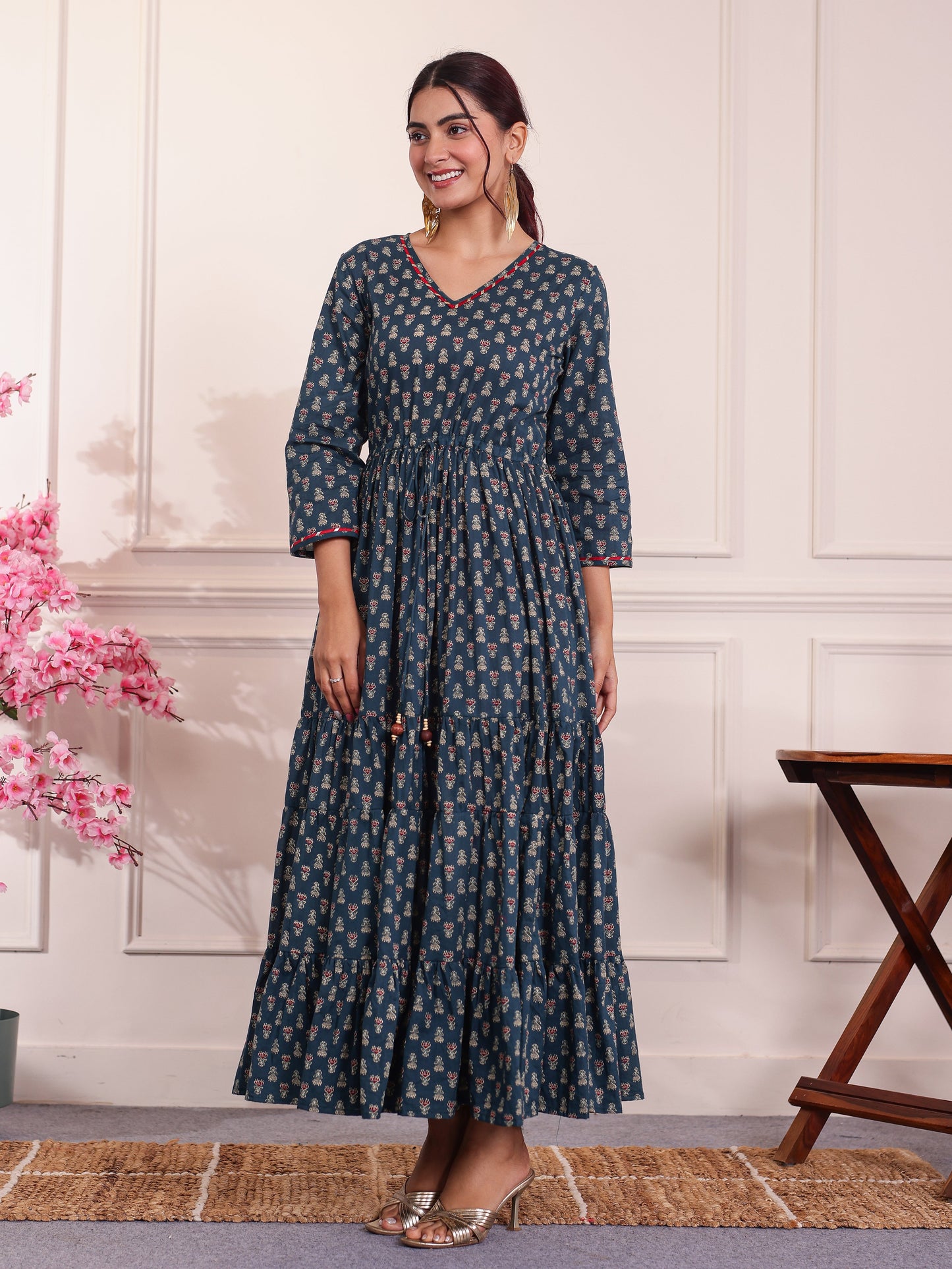 Soft Cotton Floral Anarkali Teal Dress
