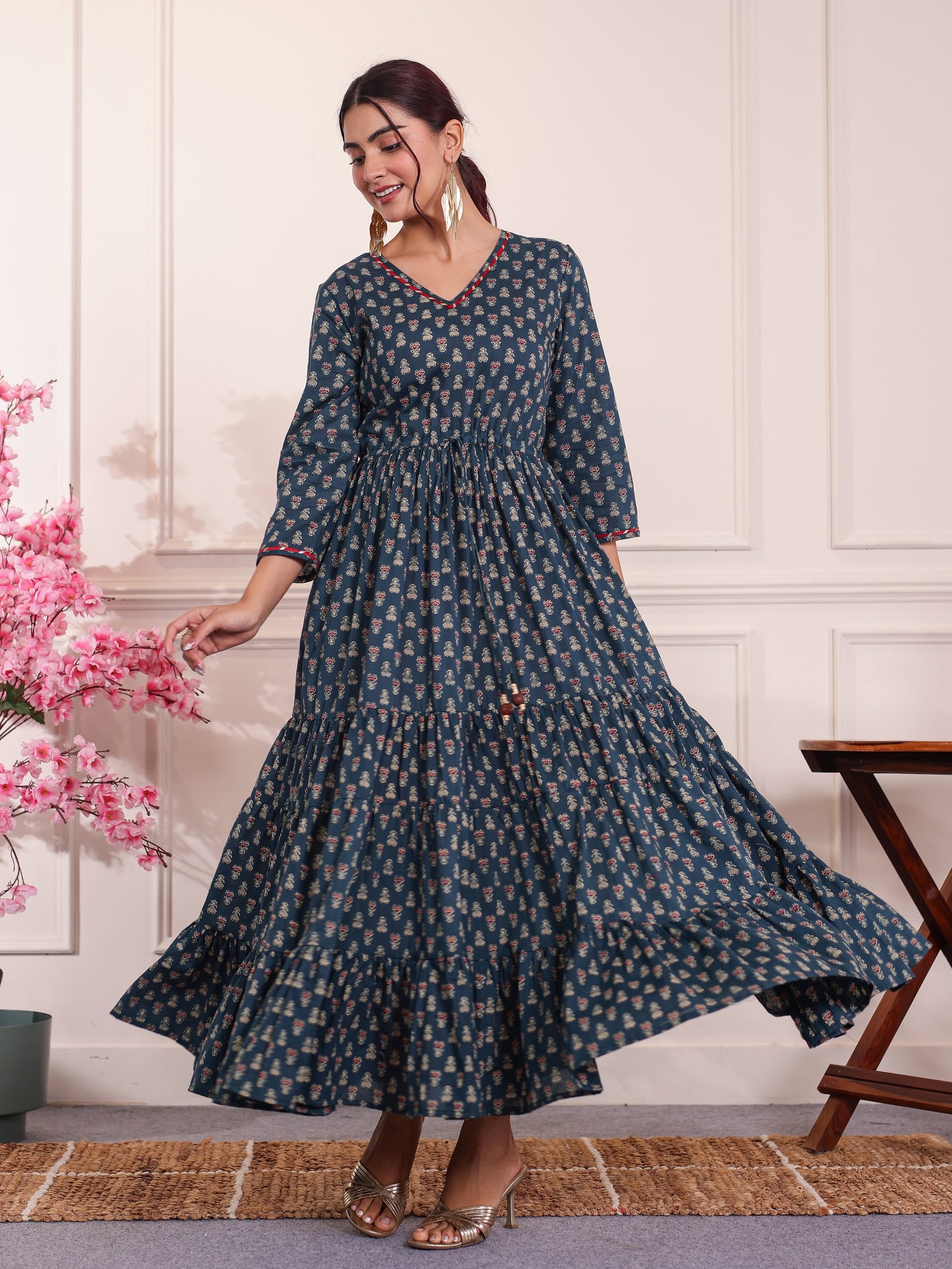 Soft Cotton Floral Anarkali Teal Dress