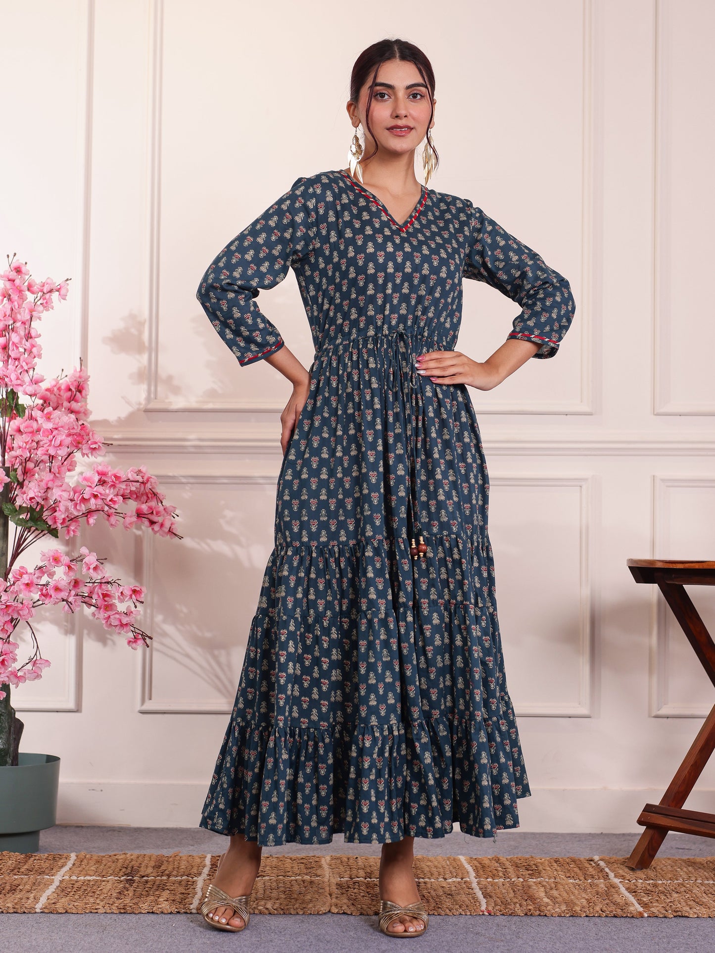 Soft Cotton Floral Anarkali Teal Dress