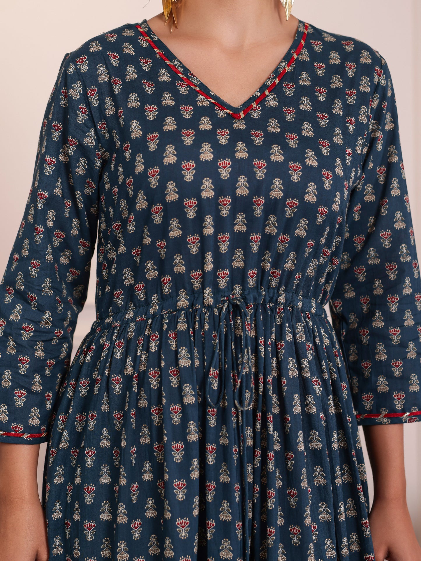 Soft Cotton Floral Anarkali Teal Dress