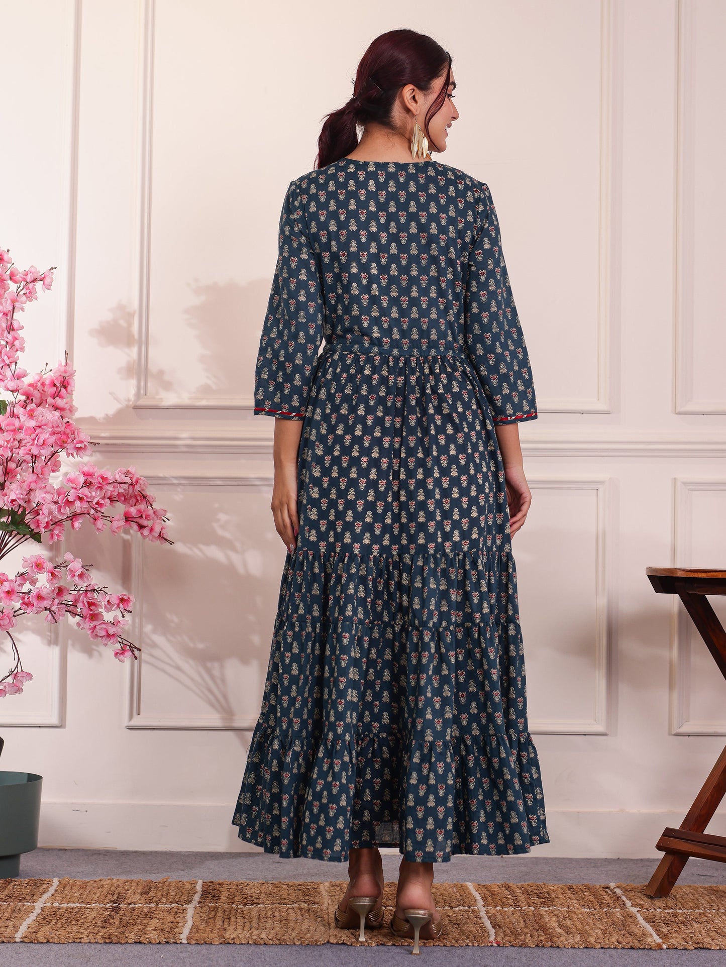 Soft Cotton Floral Anarkali Teal Dress
