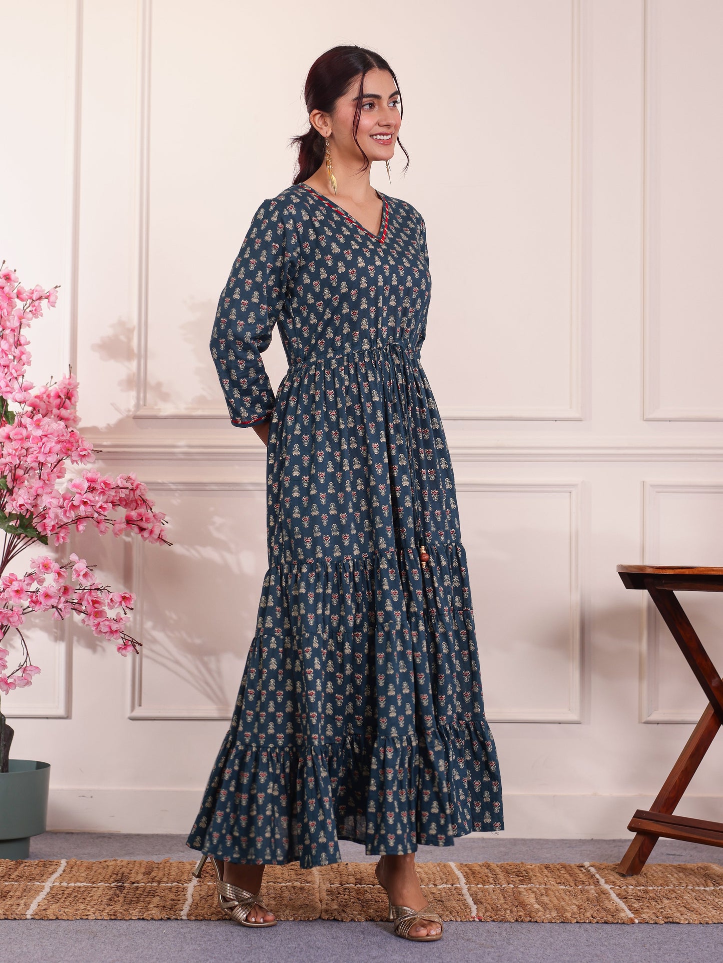 Soft Cotton Floral Anarkali Teal Dress