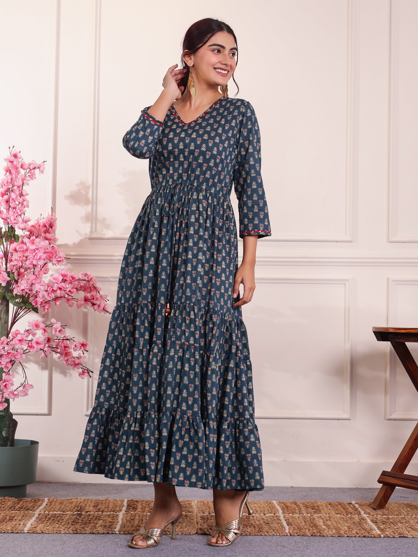 Soft Cotton Floral Anarkali Teal Dress