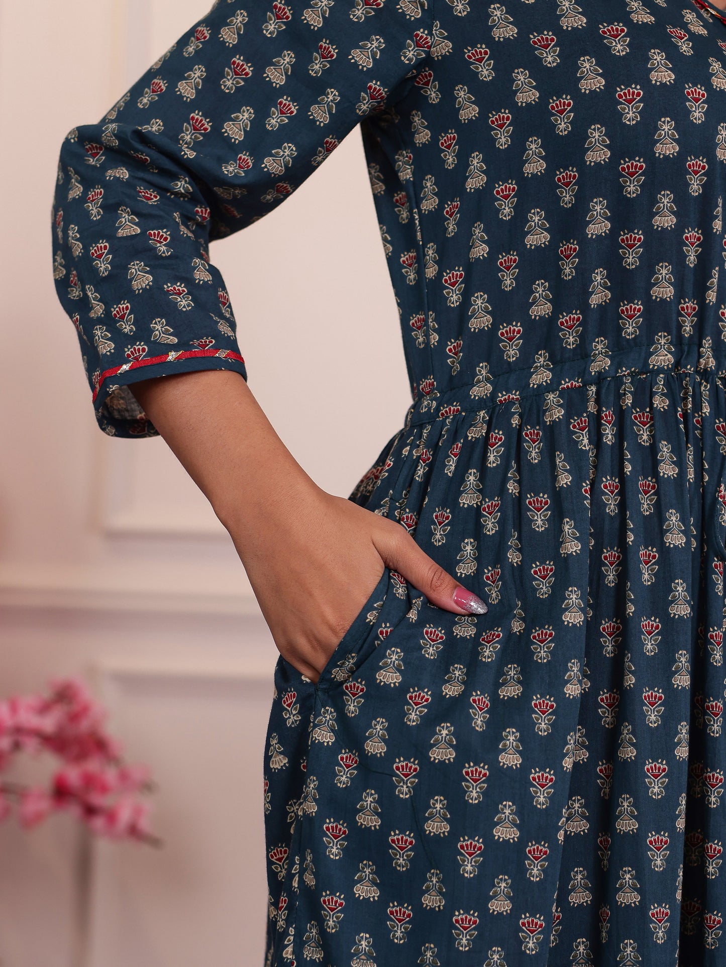 Soft Cotton Floral Anarkali Teal Dress