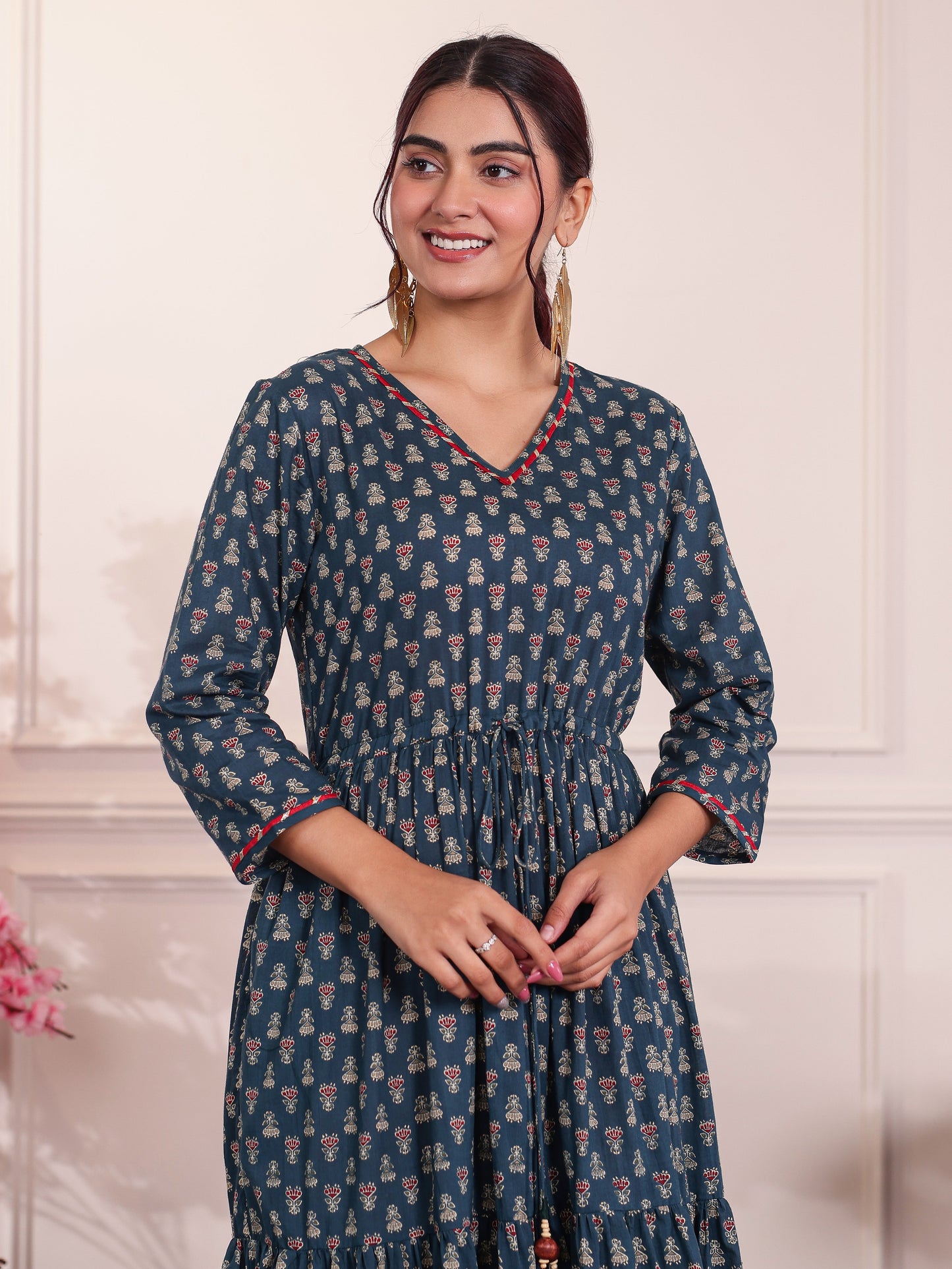 Soft Cotton Floral Anarkali Teal Dress