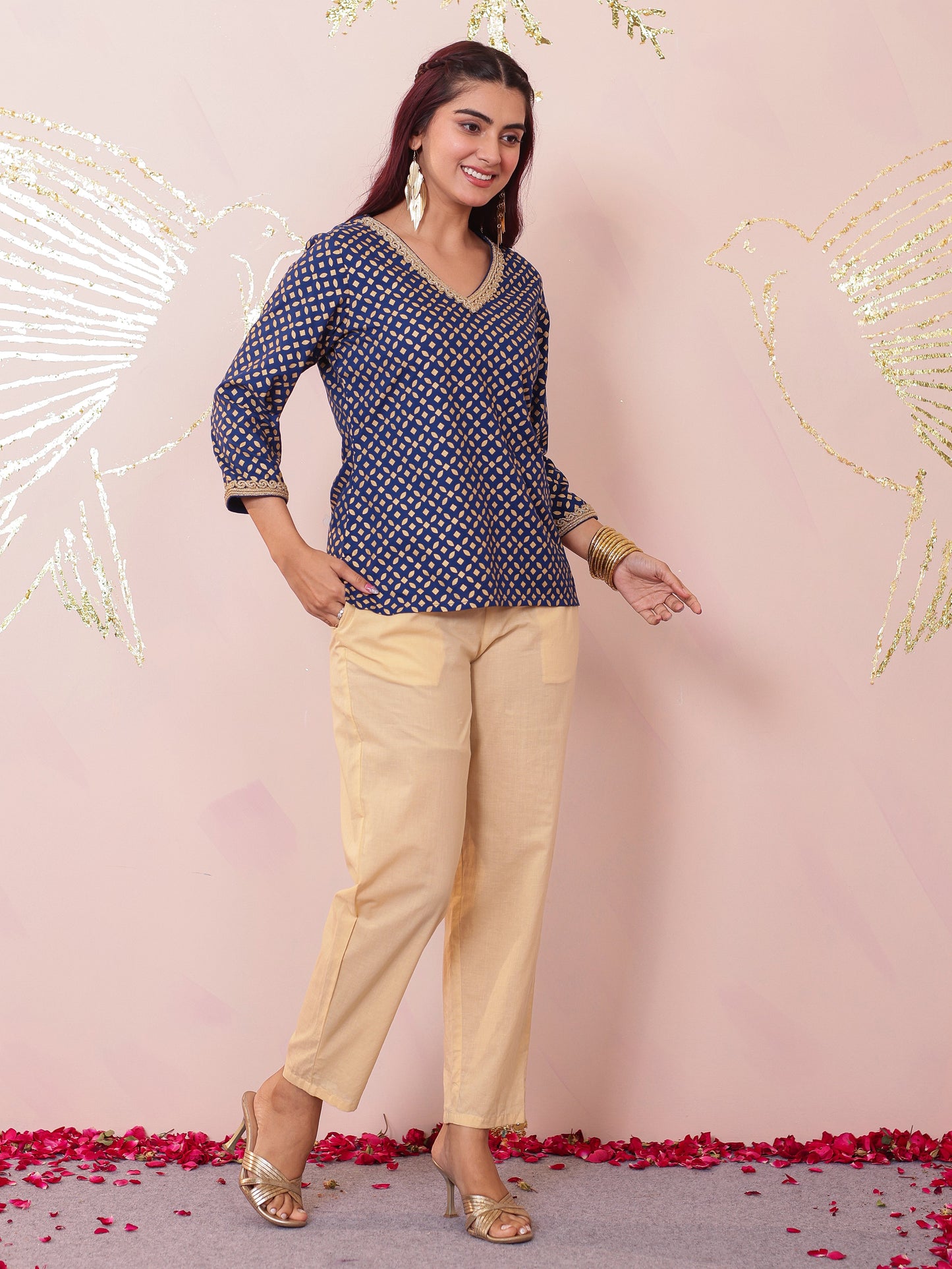 Viscose Gold foil Straight Blue Kurta