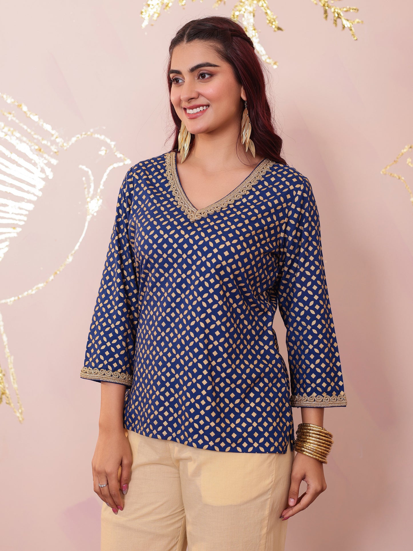 Viscose Gold foil Straight Blue Kurta