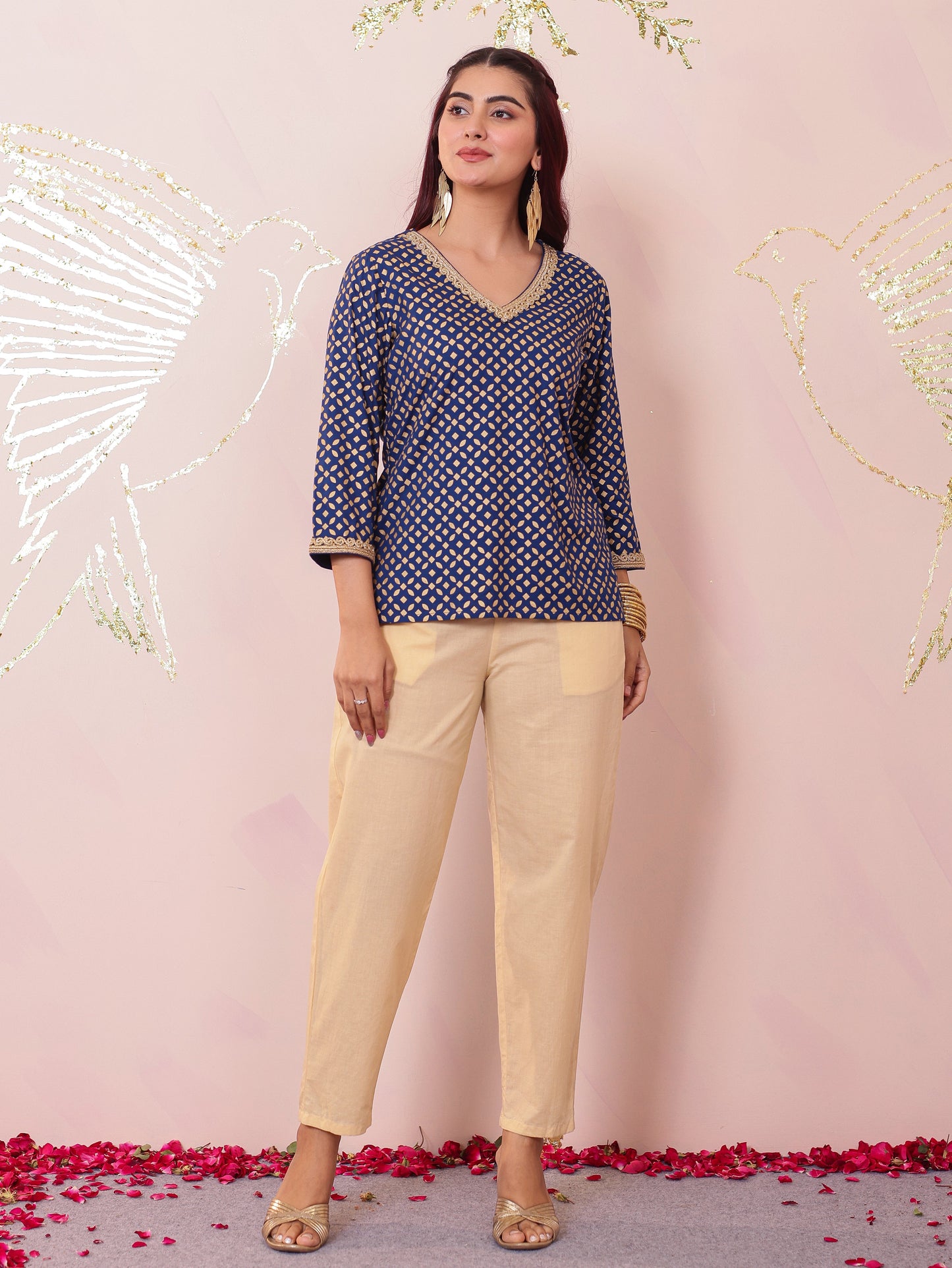 Viscose Gold foil Straight Blue Kurta