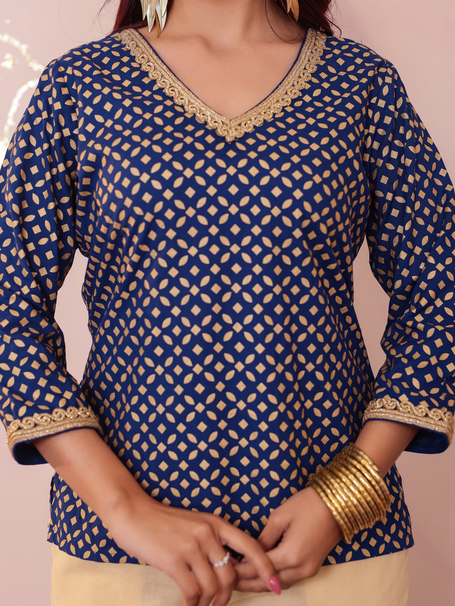 Viscose Gold foil Straight Blue Kurta