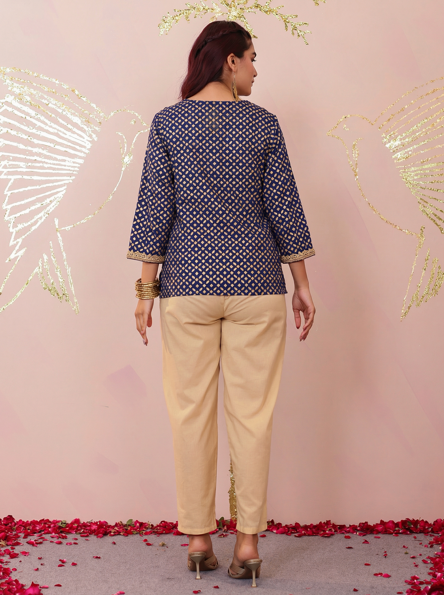 Viscose Gold foil Straight Blue Kurta