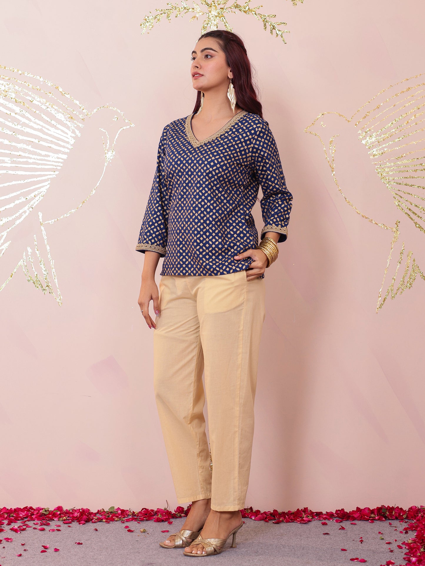 Viscose Gold foil Straight Blue Kurta