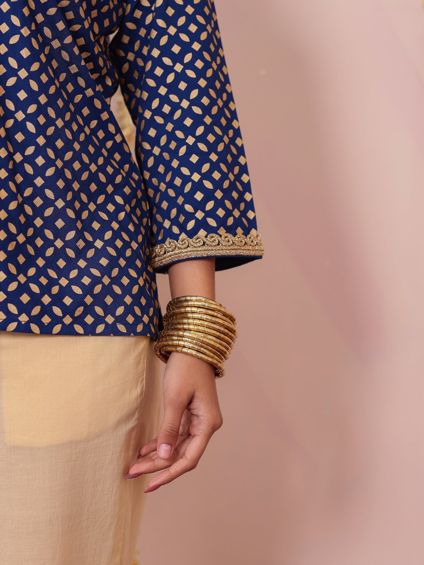Viscose Gold foil Straight Blue Kurta