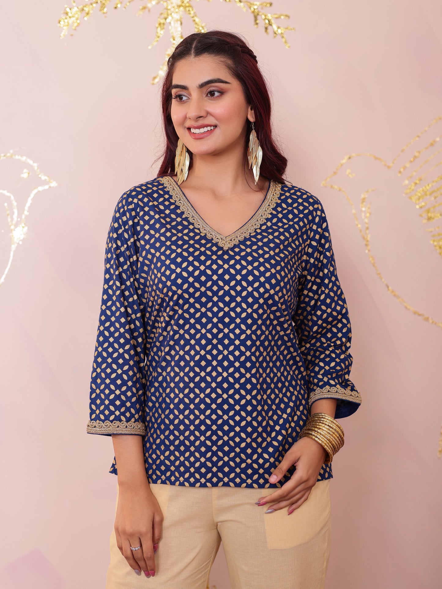 Viscose Gold foil Straight Blue Kurta