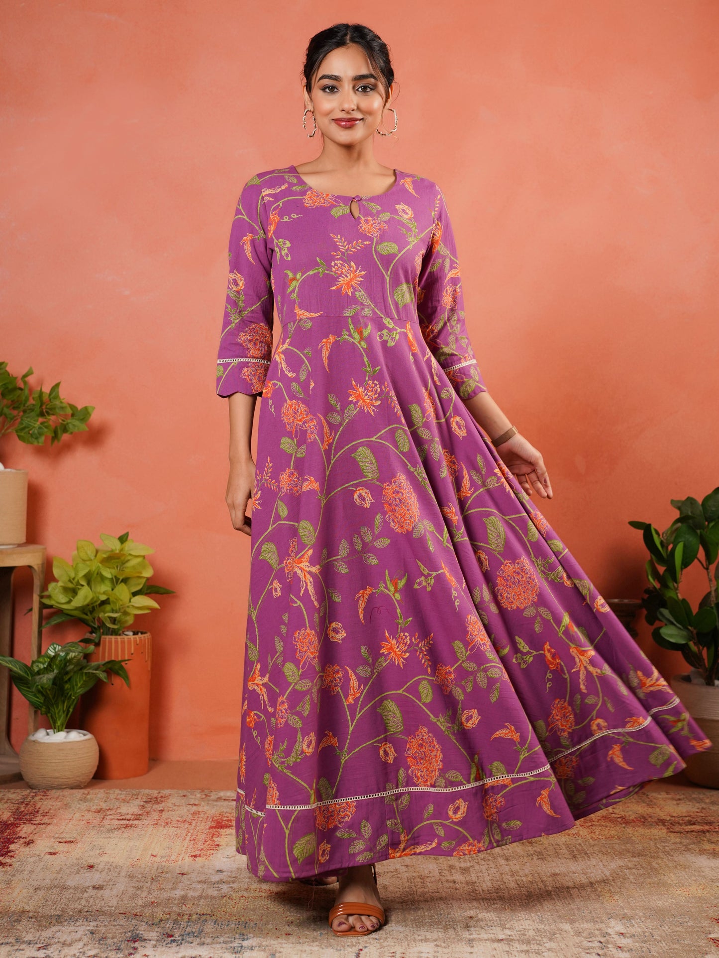 Linen Cotton Floral Anarkali Purple Dress