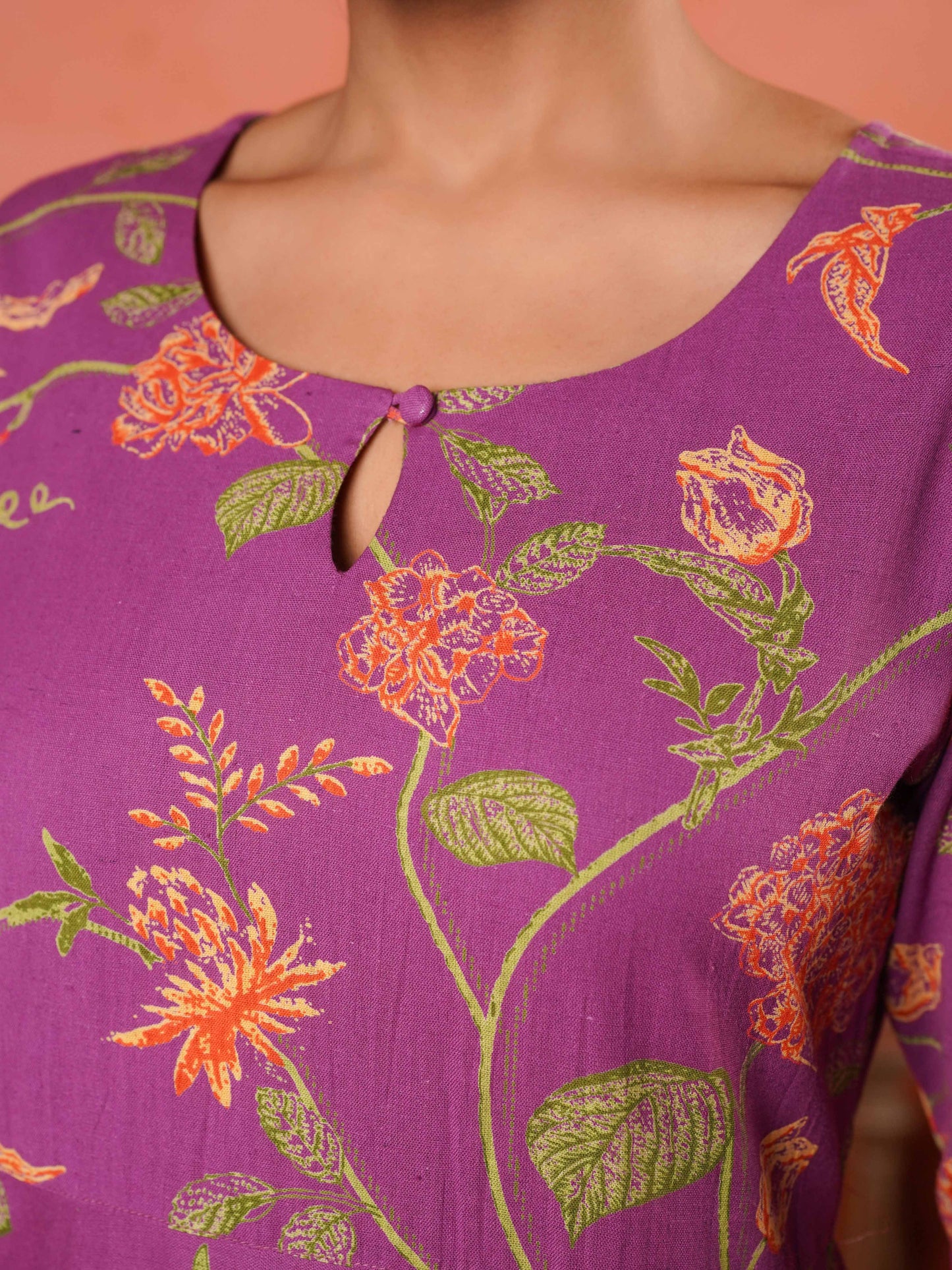 Linen Cotton Floral Anarkali Purple Dress