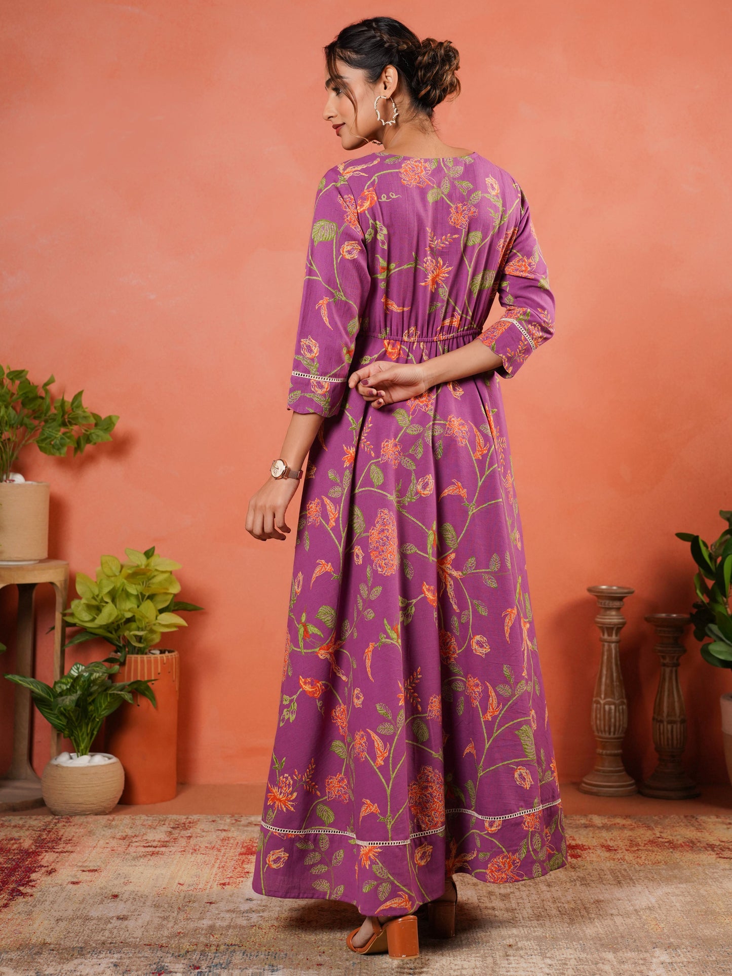Linen Cotton Floral Anarkali Purple Dress