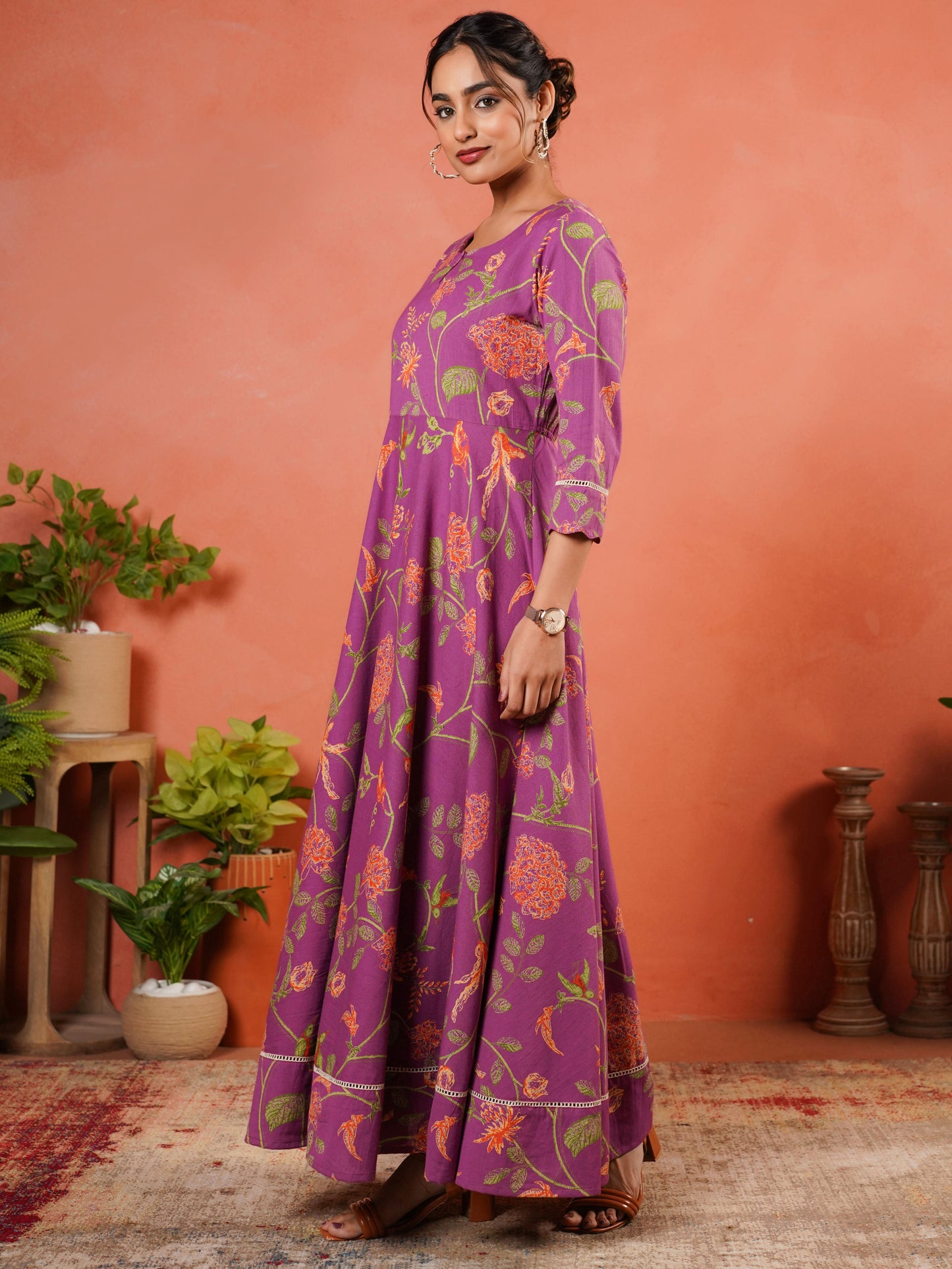 Linen Cotton Floral Anarkali Purple Dress