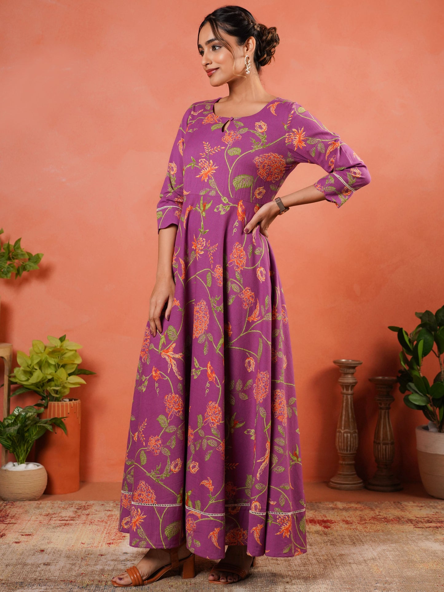 Linen Cotton Floral Anarkali Purple Dress