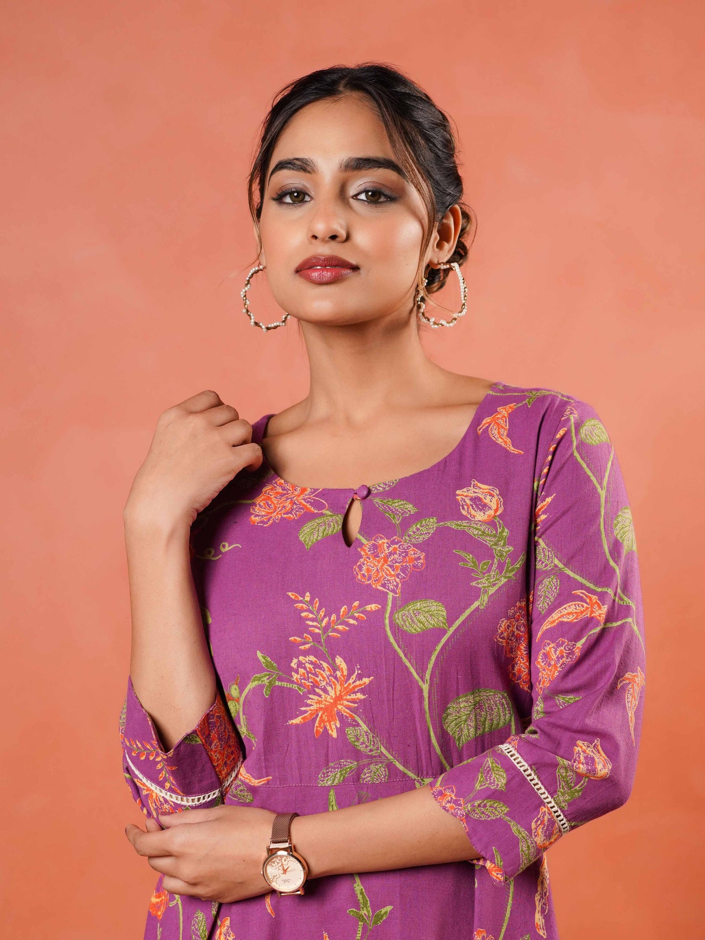 Linen Cotton Floral Anarkali Purple Dress