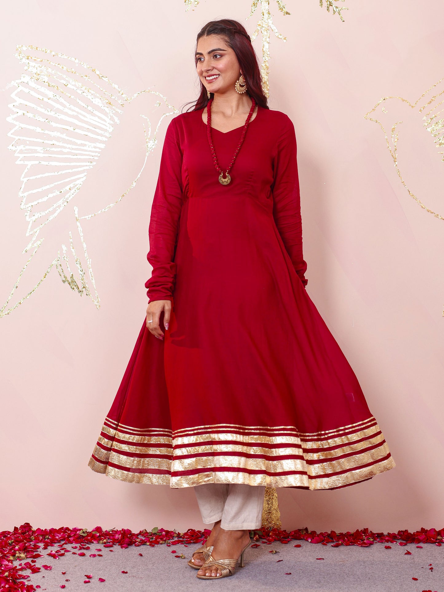 Cotton Voile Solid Anarkali Maroon Kurta (With Necklace)