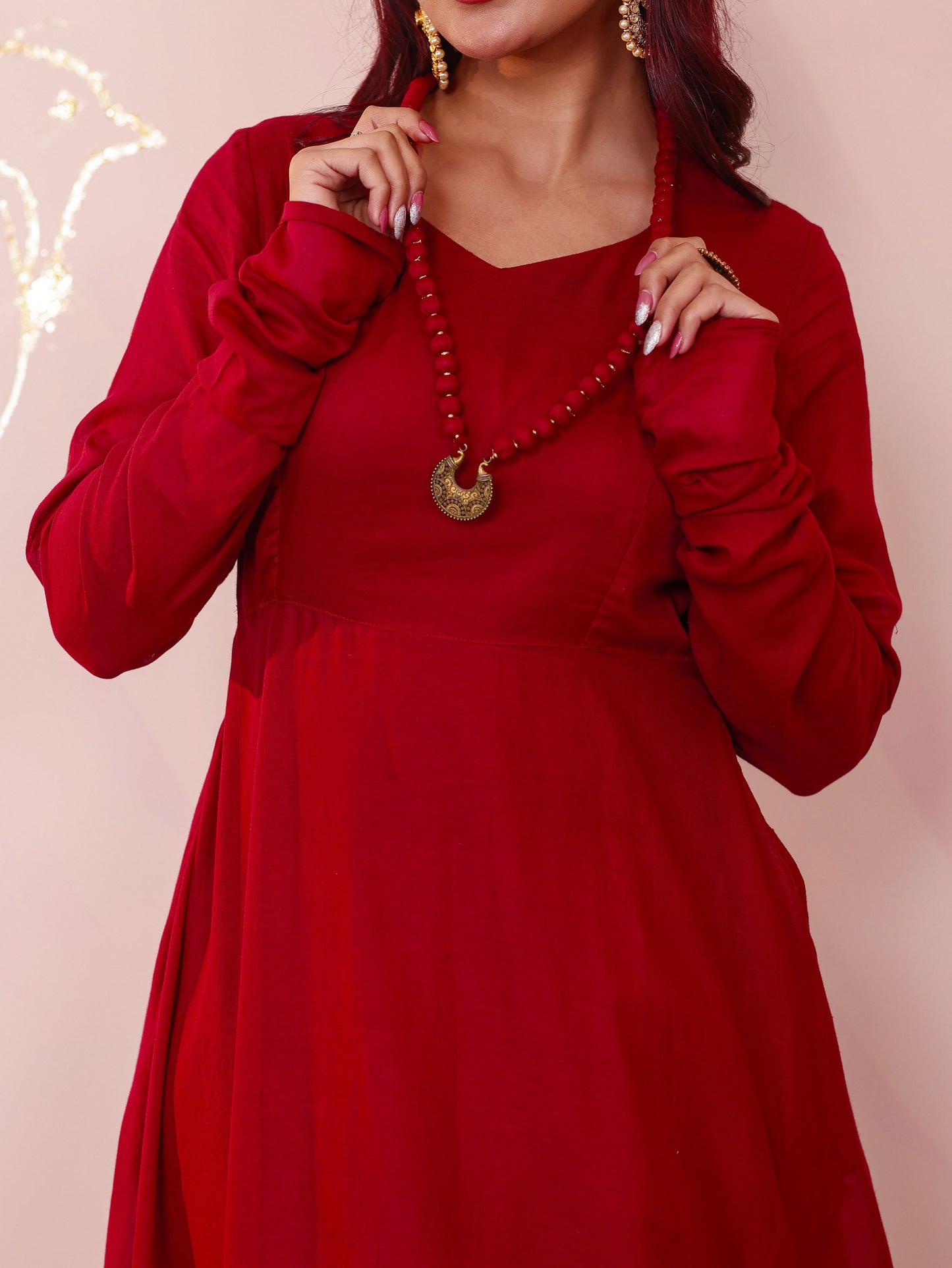 Cotton Voile Solid Anarkali Maroon Kurta (With Necklace)