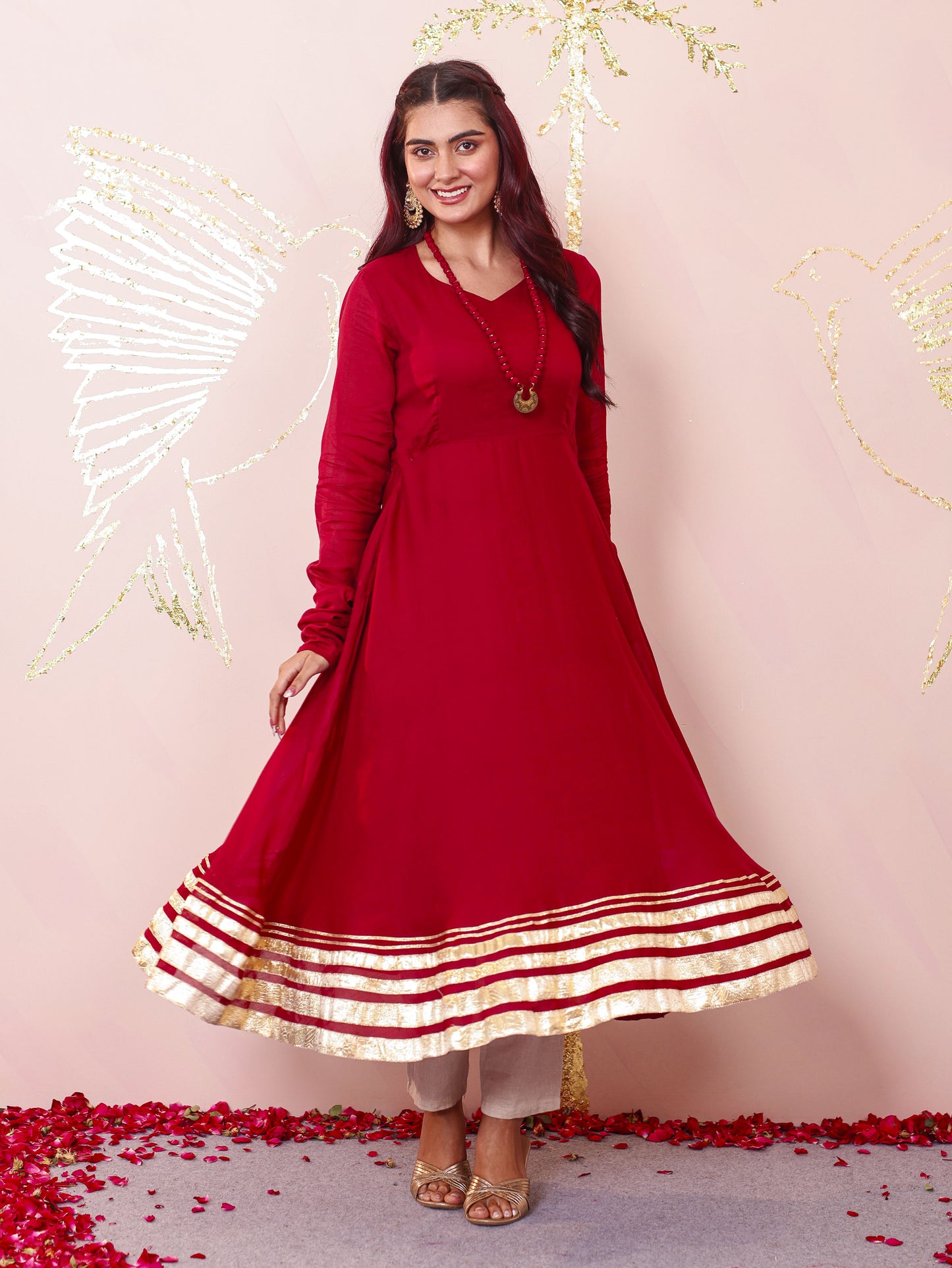 Cotton Voile Solid Anarkali Maroon Kurta (With Necklace)