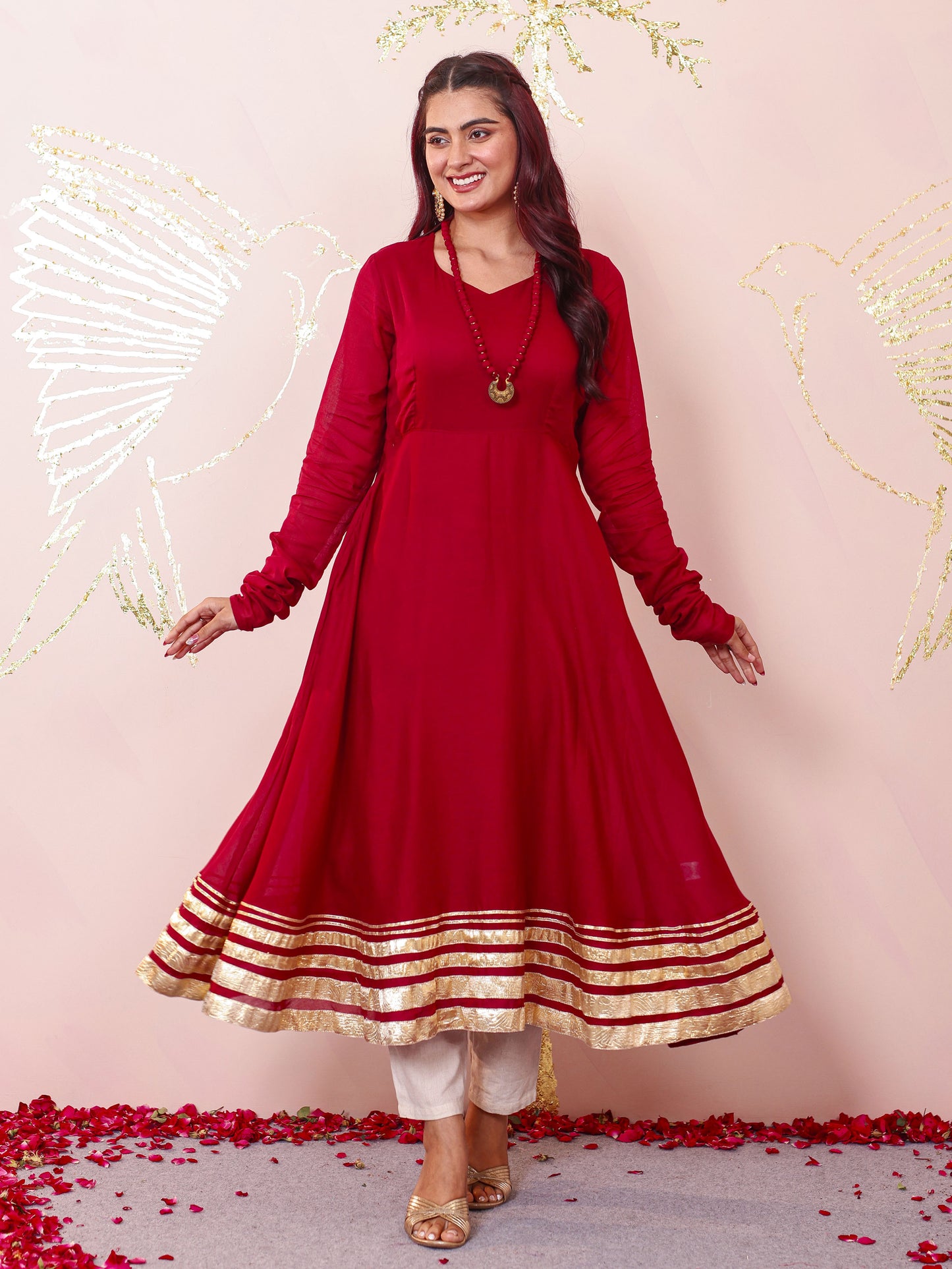 Cotton Voile Solid Anarkali Maroon Kurta (With Necklace)