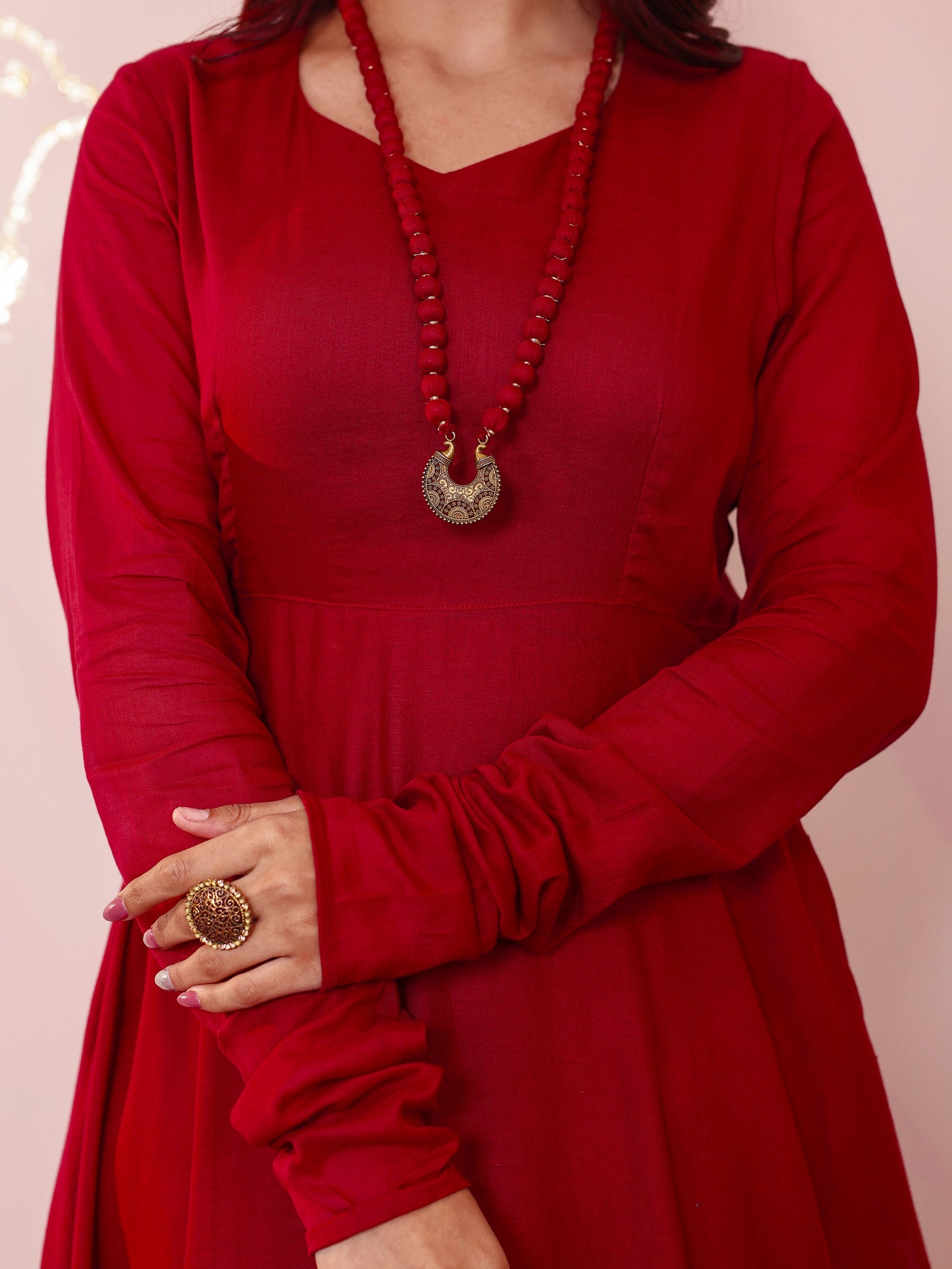 Cotton Voile Solid Anarkali Maroon Kurta (With Necklace)