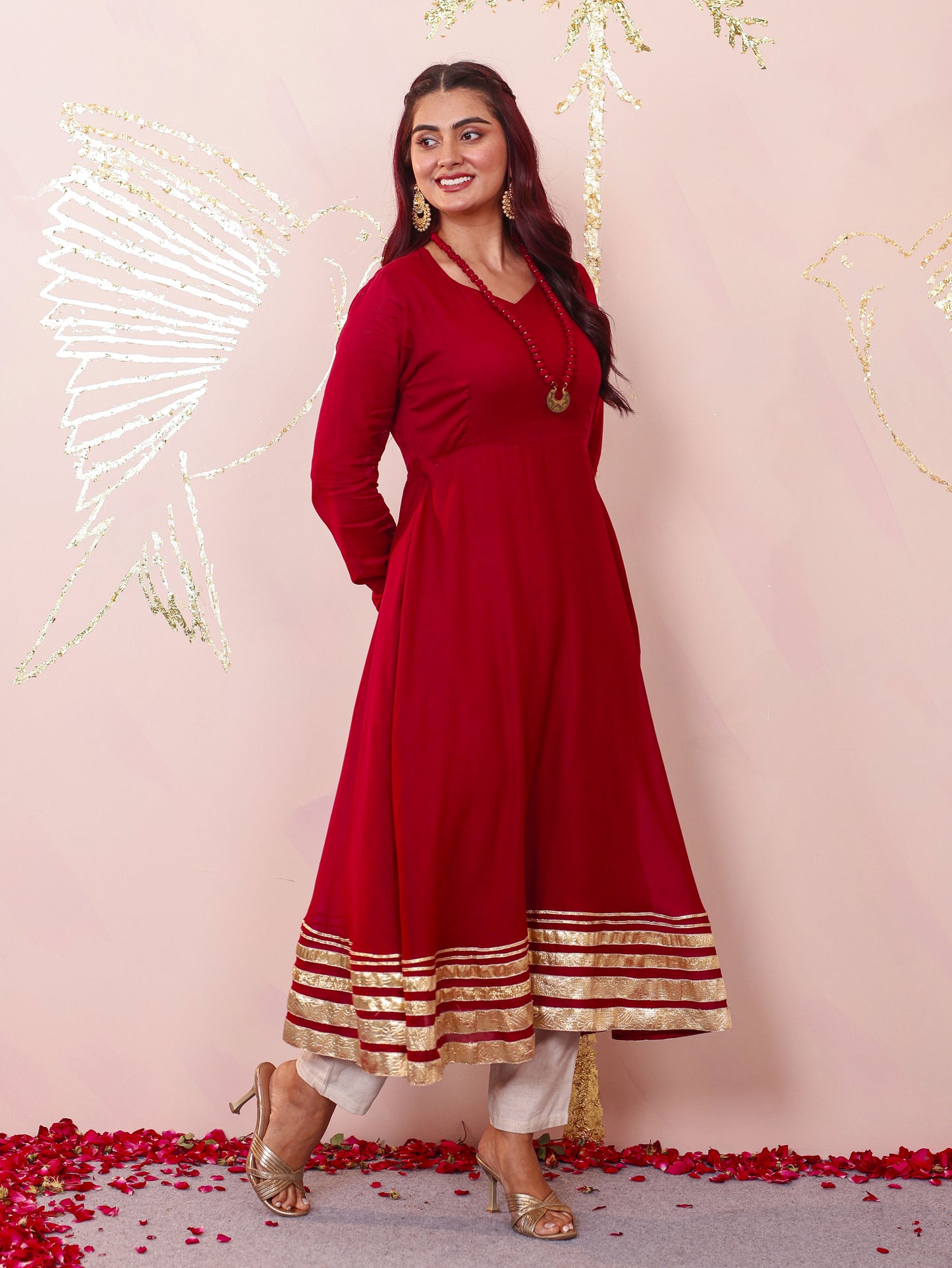 Cotton Voile Solid Anarkali Maroon Kurta (With Necklace)
