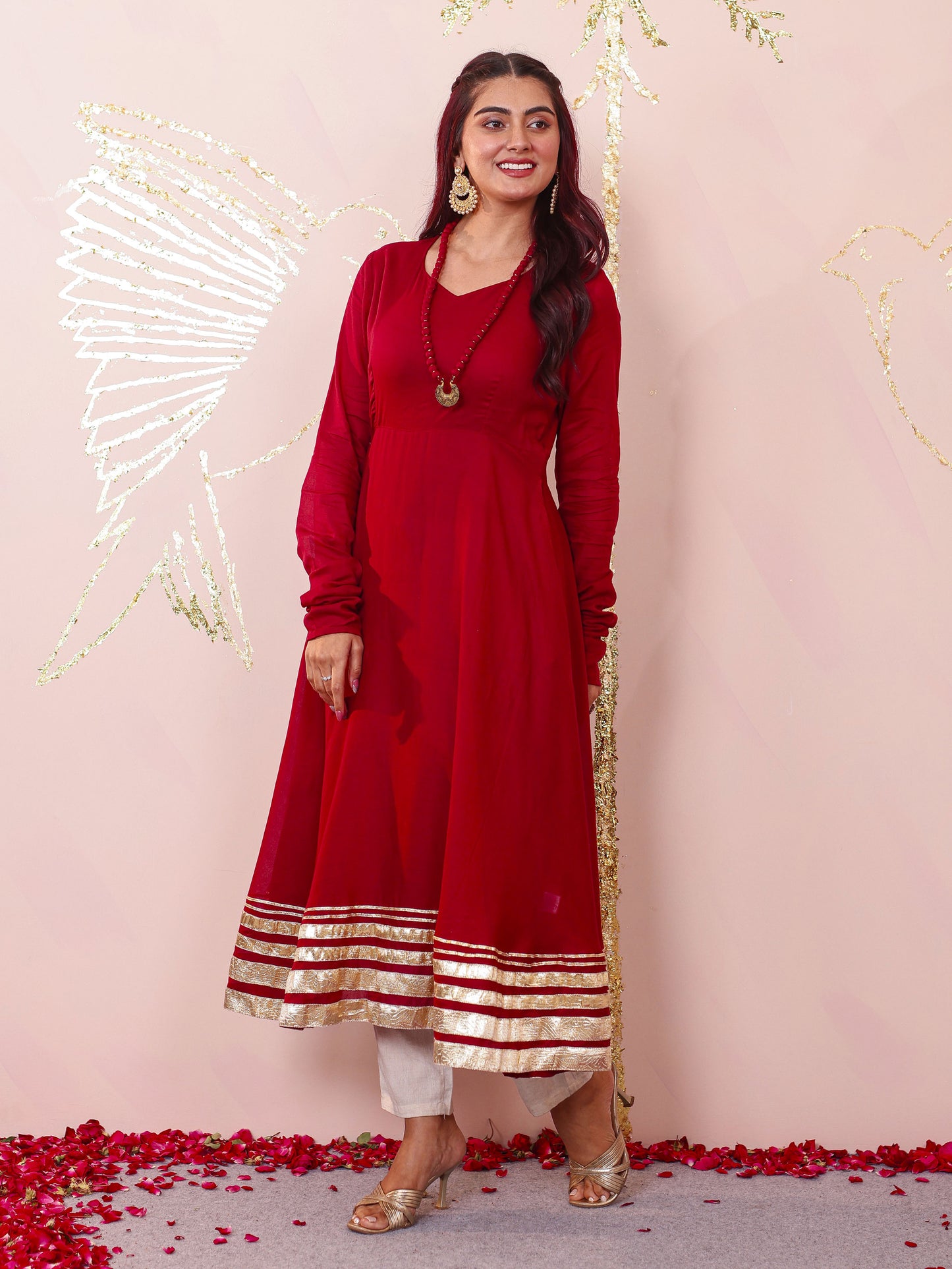 Cotton Voile Solid Anarkali Maroon Kurta (With Necklace)