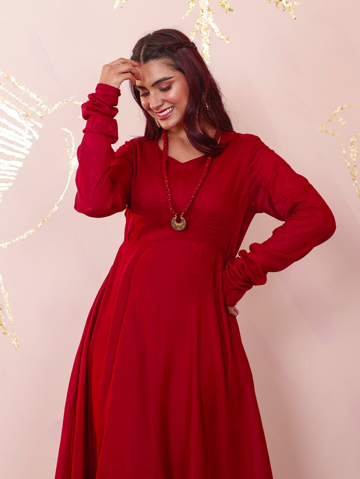 Cotton Voile Solid Anarkali Maroon Kurta (With Necklace)