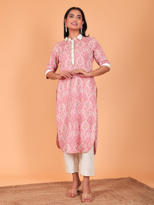 Linen Cotton Ikat Pathani Pink Kurta