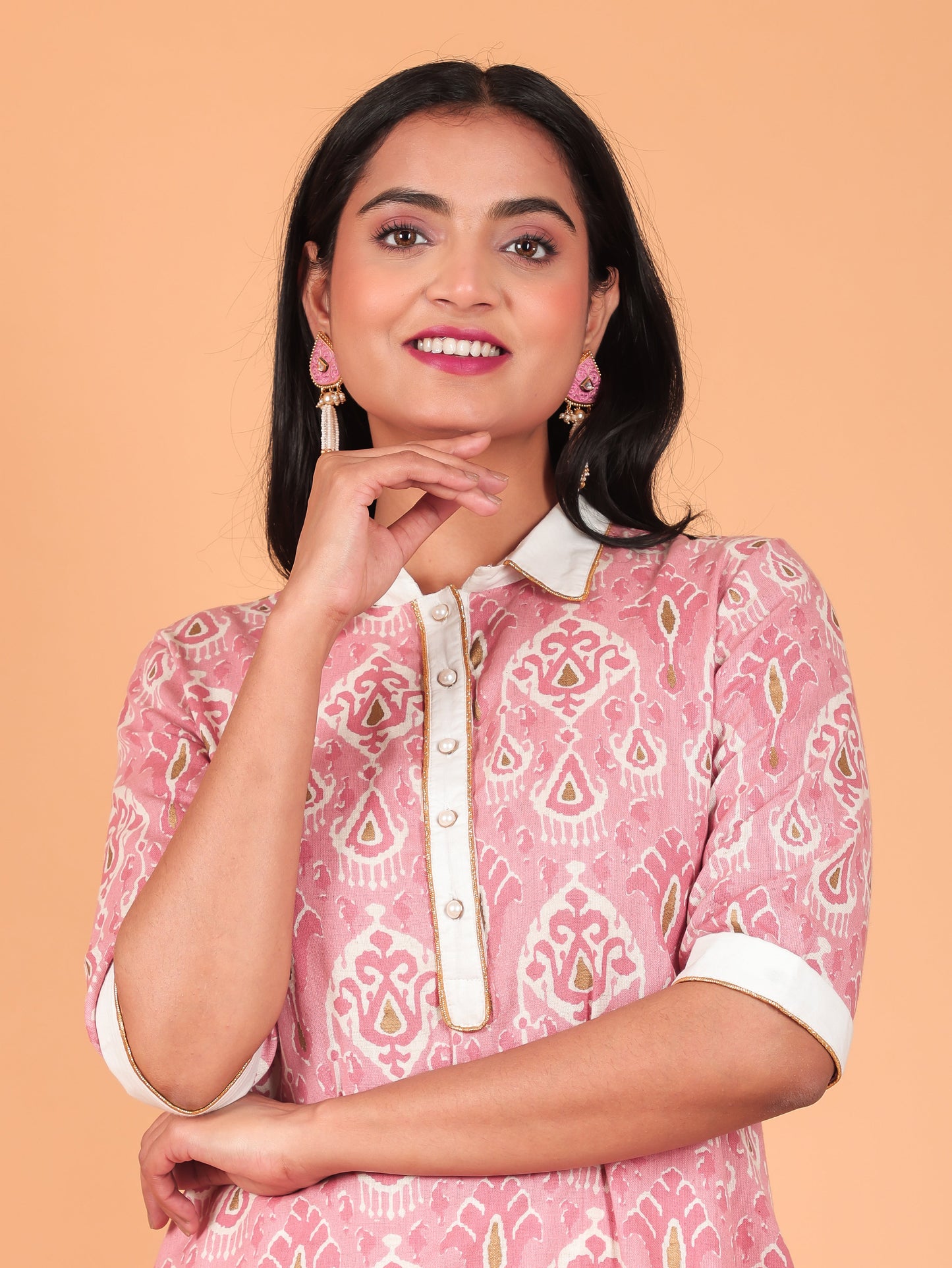 Linen Cotton Ikat Pathani Pink Kurta