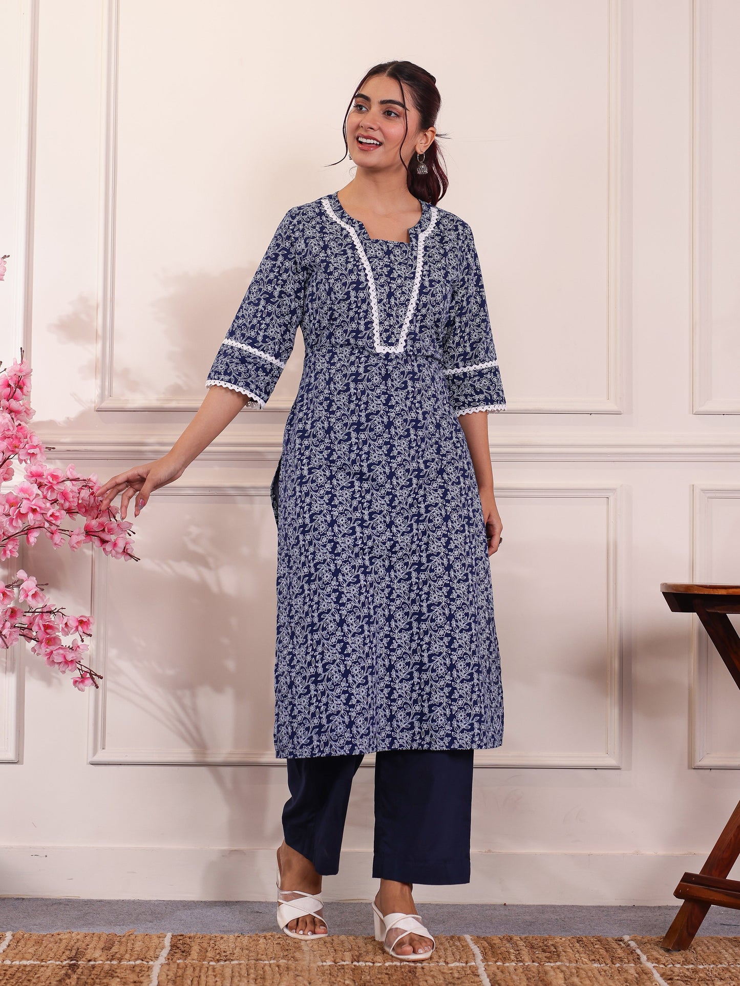 Soft Cotton Floral Blue Kurta