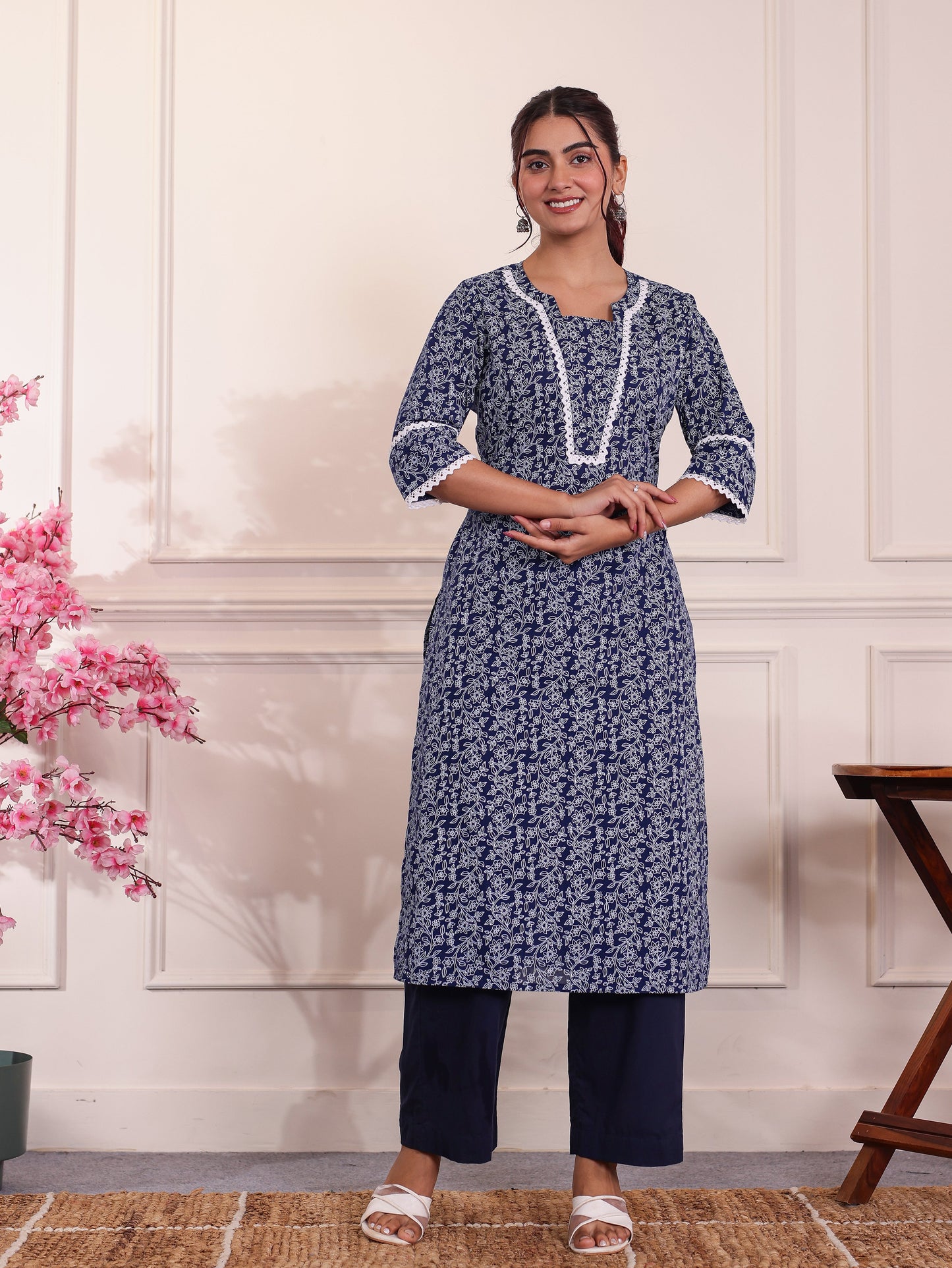 Soft Cotton Floral Blue Kurta