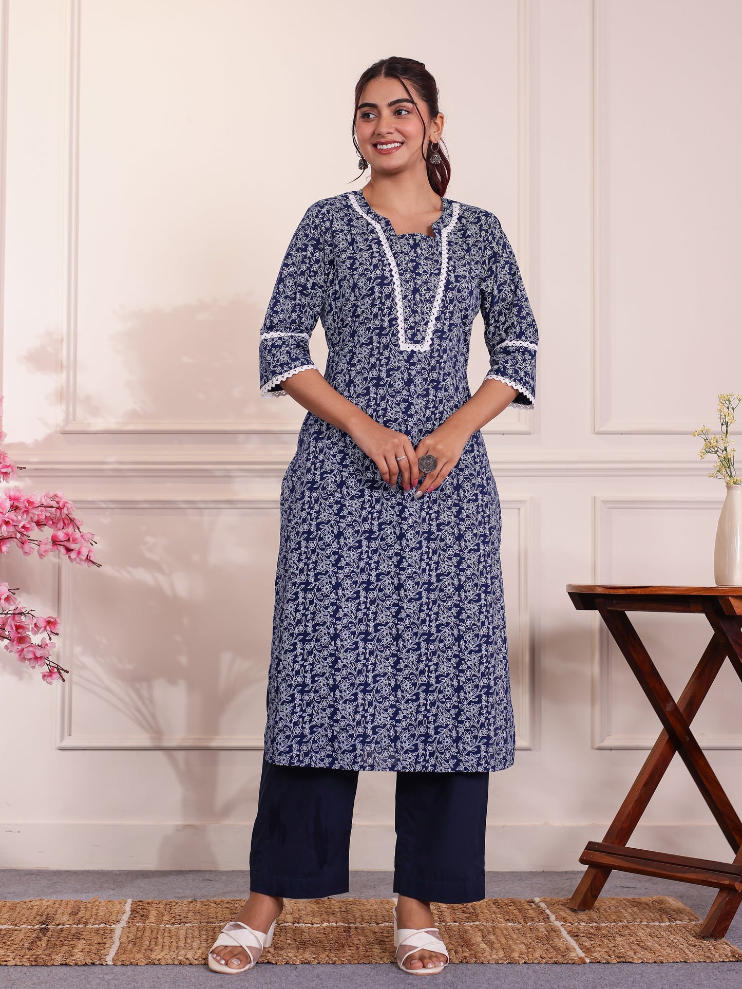 Soft Cotton Floral Blue Kurta