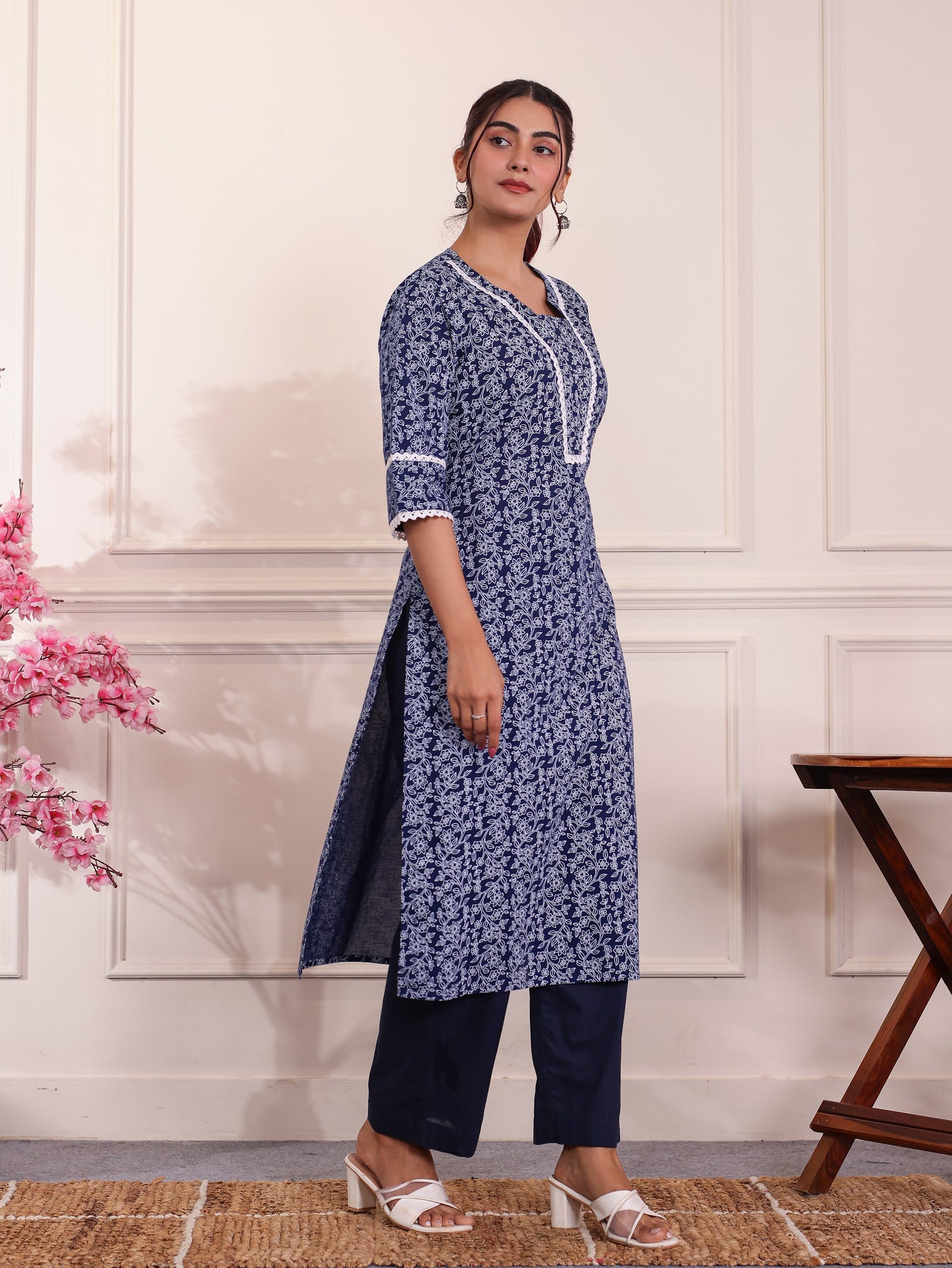 Soft Cotton Floral Blue Kurta